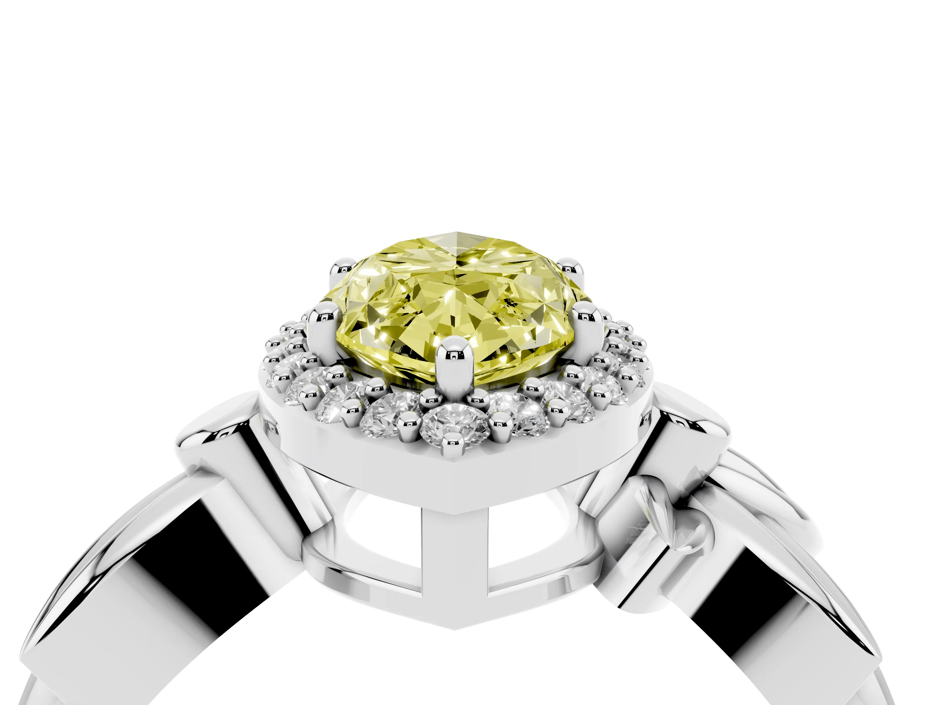Fancy Yellow Marquise Cut Diamond Halo Floral Band Ring Set in White gold with Prong Setting