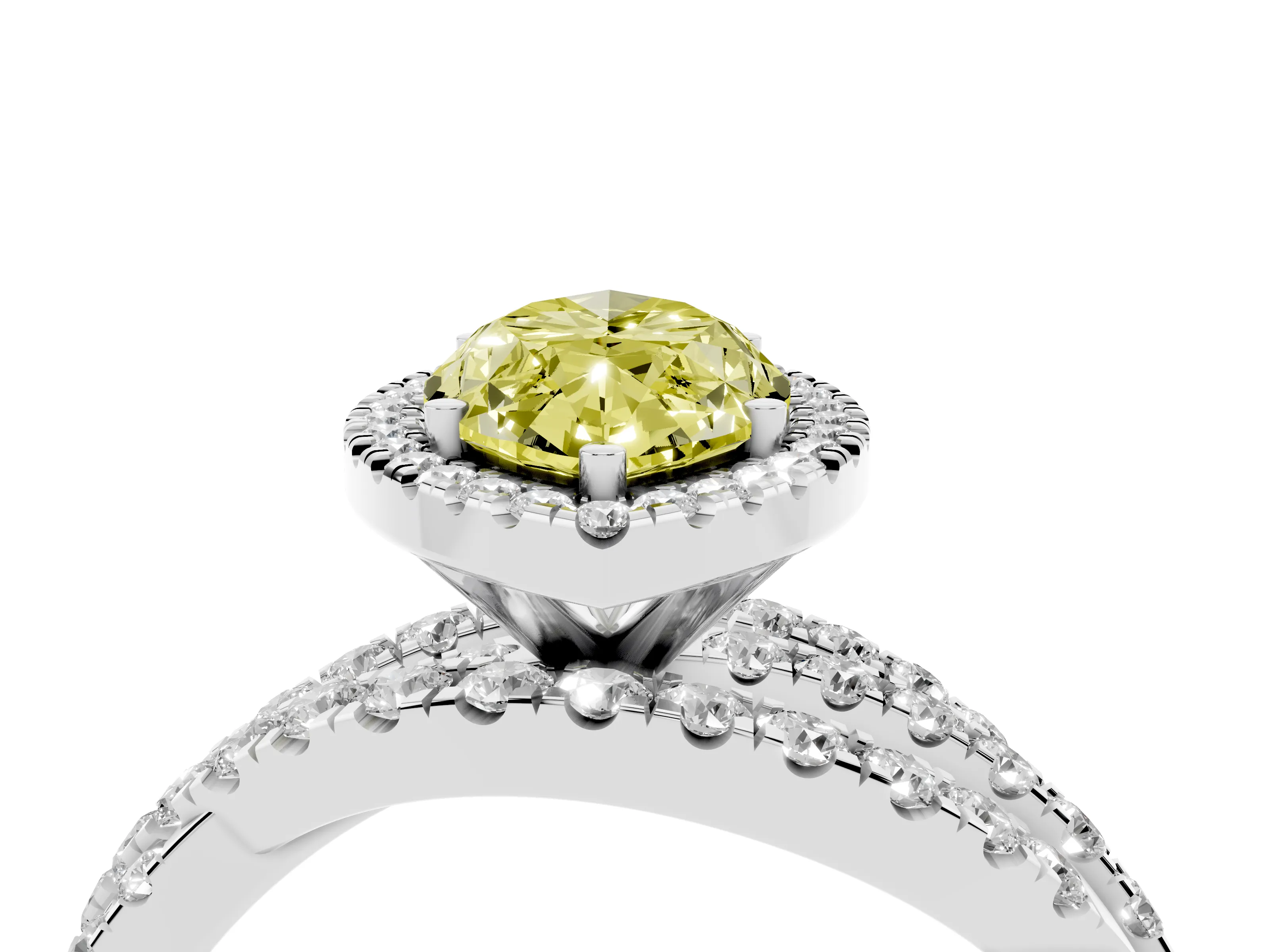 Fancy Yellow Marquise Cut Diamond Halo Ring Set in Platinum with Round Crossover Split Shank and Prong Setting
