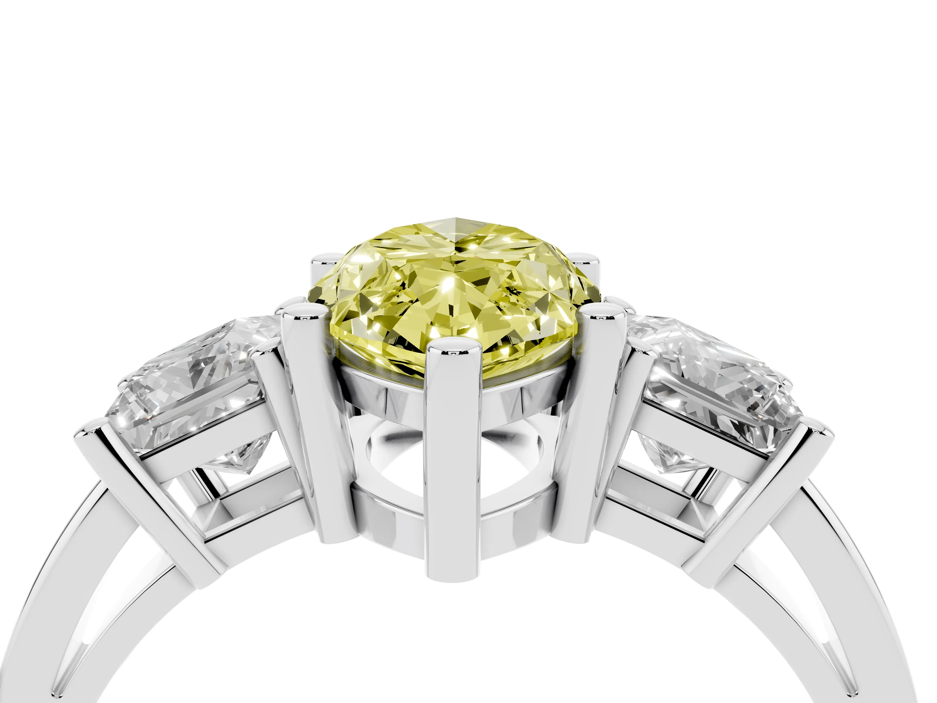 Fancy Yellow Three-Stone Marquise Cut Diamond Solitaire Ring Set in Platinum with Prong Setting