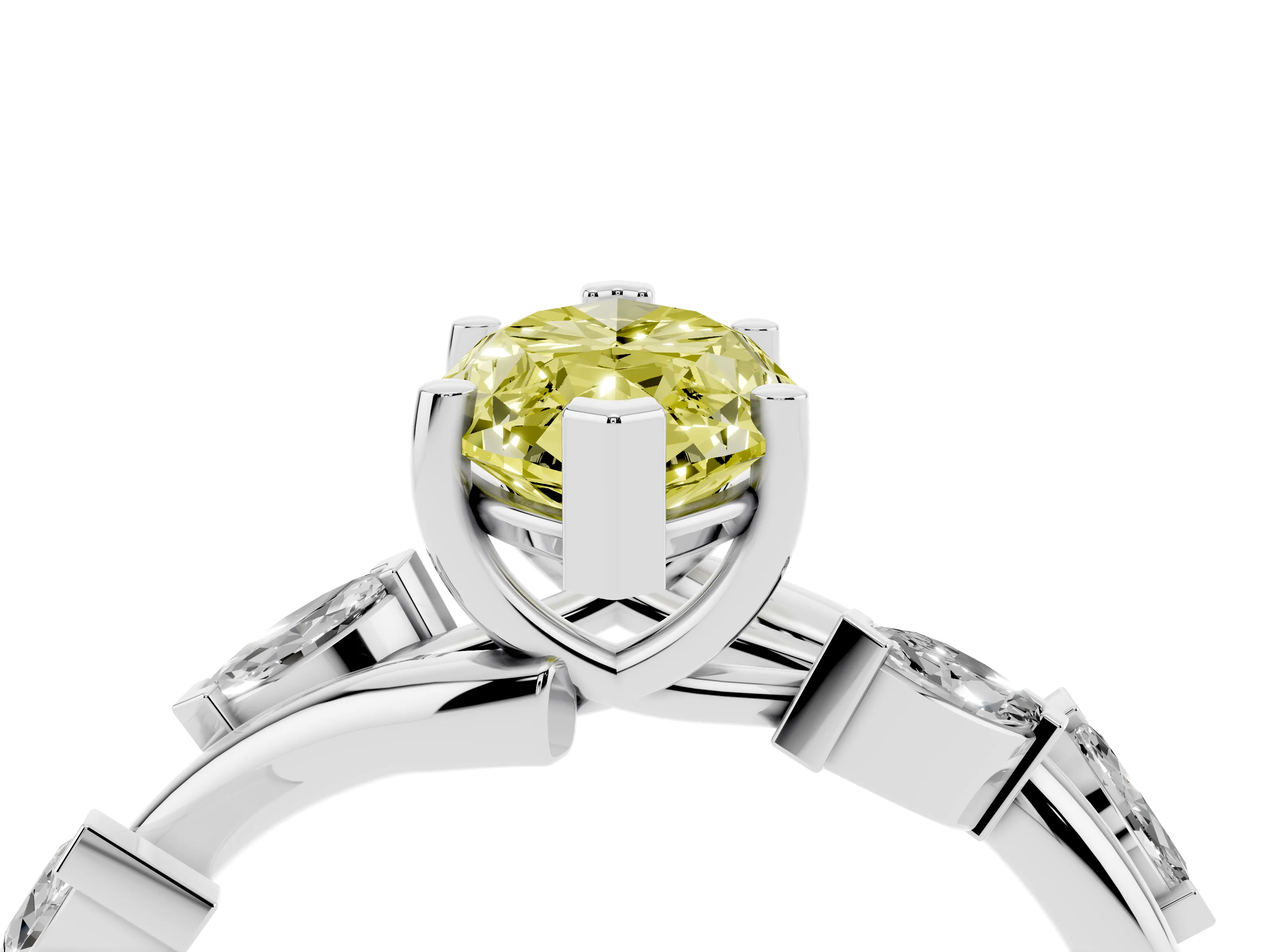 Fancy Yellow Marquise Cut Diamond Solitaire Ring Set in White gold with Twisted Marquise Accent Band