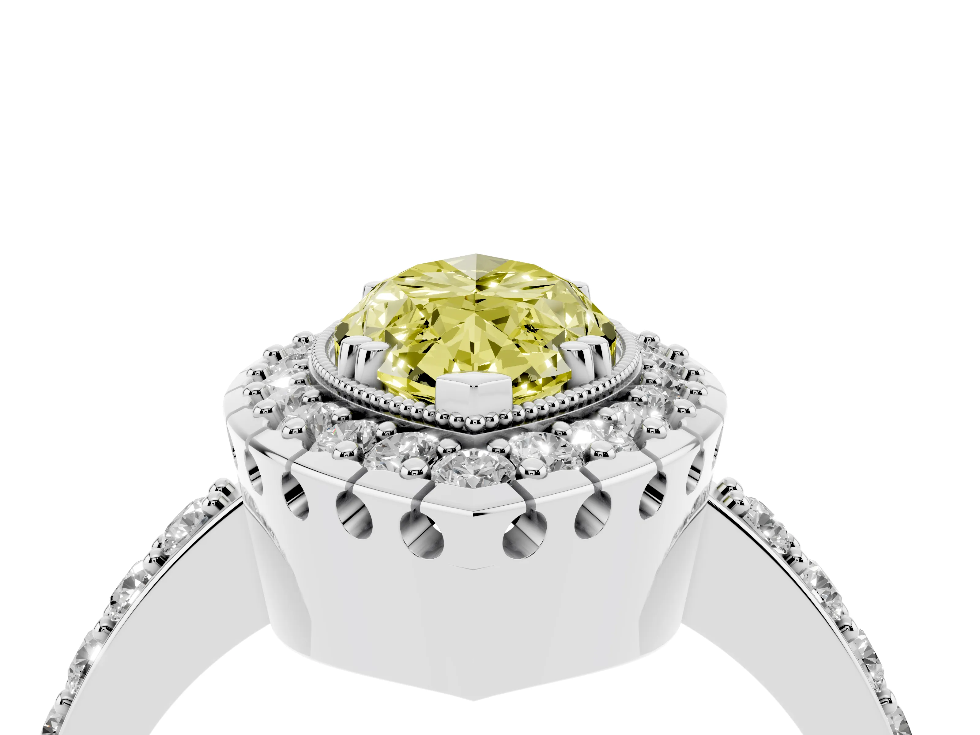 Fancy Yellow Marquise Cut Diamond Halo Ring Set in White gold with Pavé Shank and Prong Setting