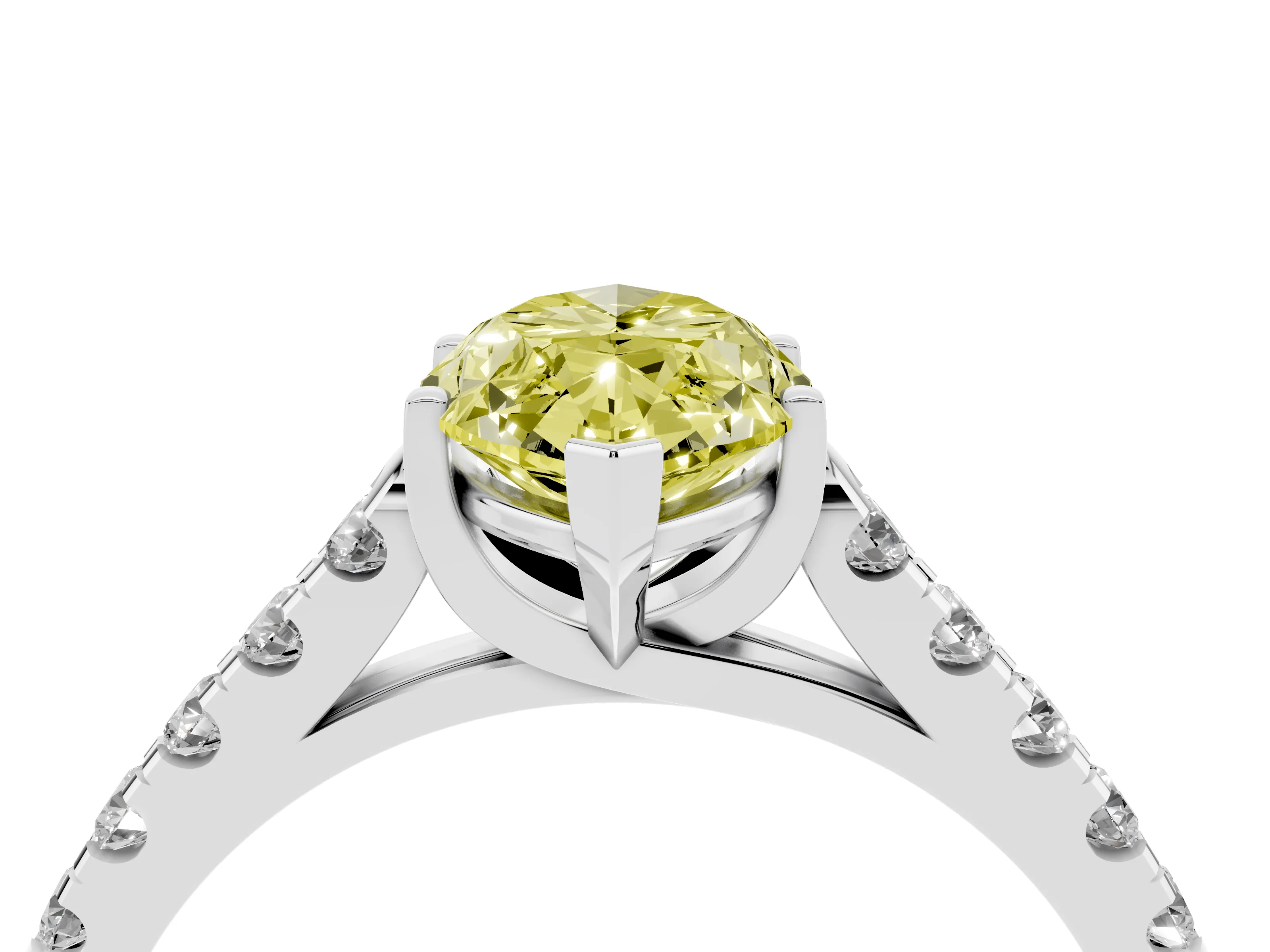 Fancy Yellow Marquise Cut Diamond Pavé Band Solitaire Ring Set in White gold with Partway Accent Stones and Prong Setting