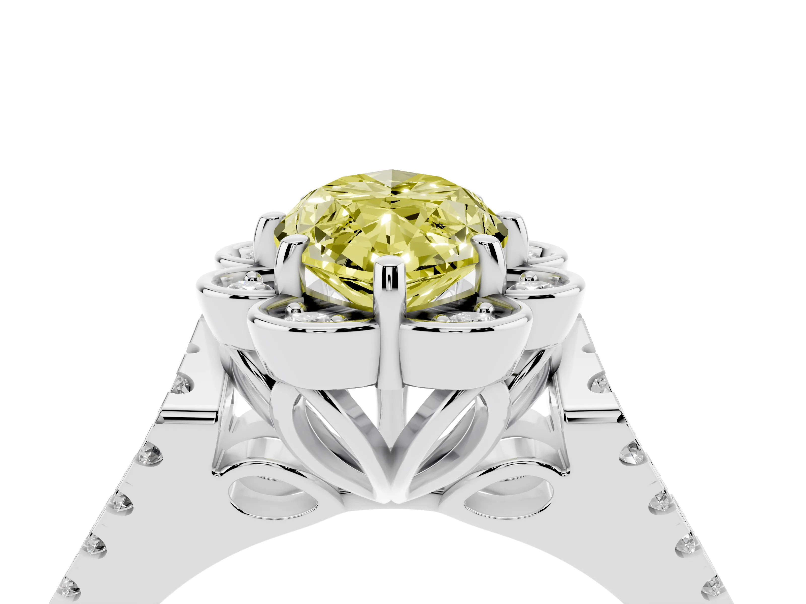 Fancy Yellow Marquise Cut Diamond Floral Halo Split Shank Engagement Ring Set in Silver with Pavé Shank