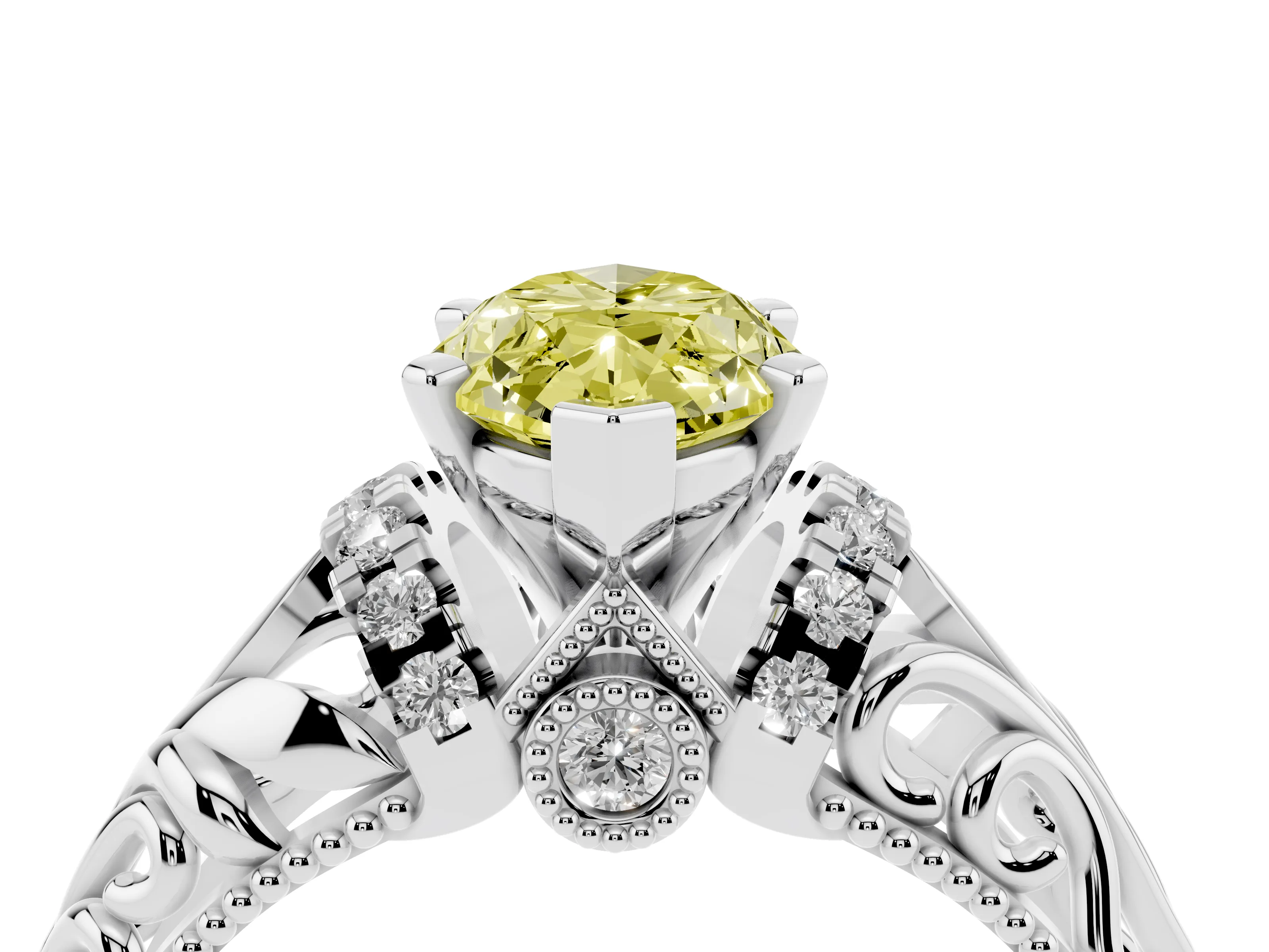Fancy Yellow Marquise Cut Diamond Filigree Halo Engagement Ring Set in White gold with Prong Setting