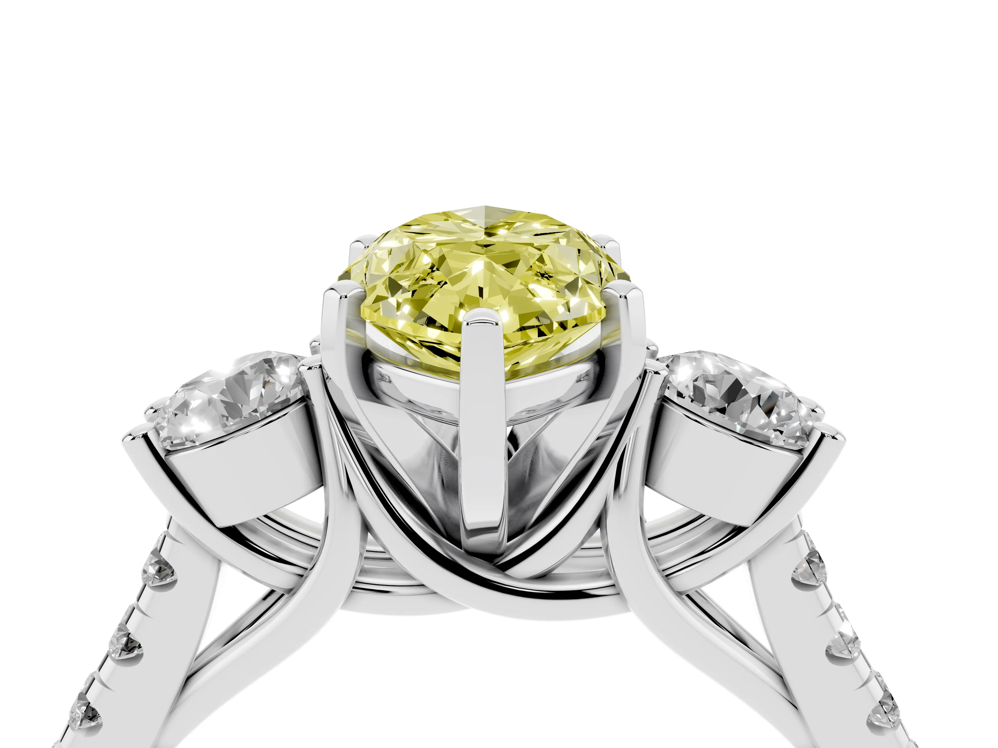 Fancy Yellow Three-Stone Marquise Cut Diamond Pavé Band Ring Set in Platinum with Prong-Set Trio