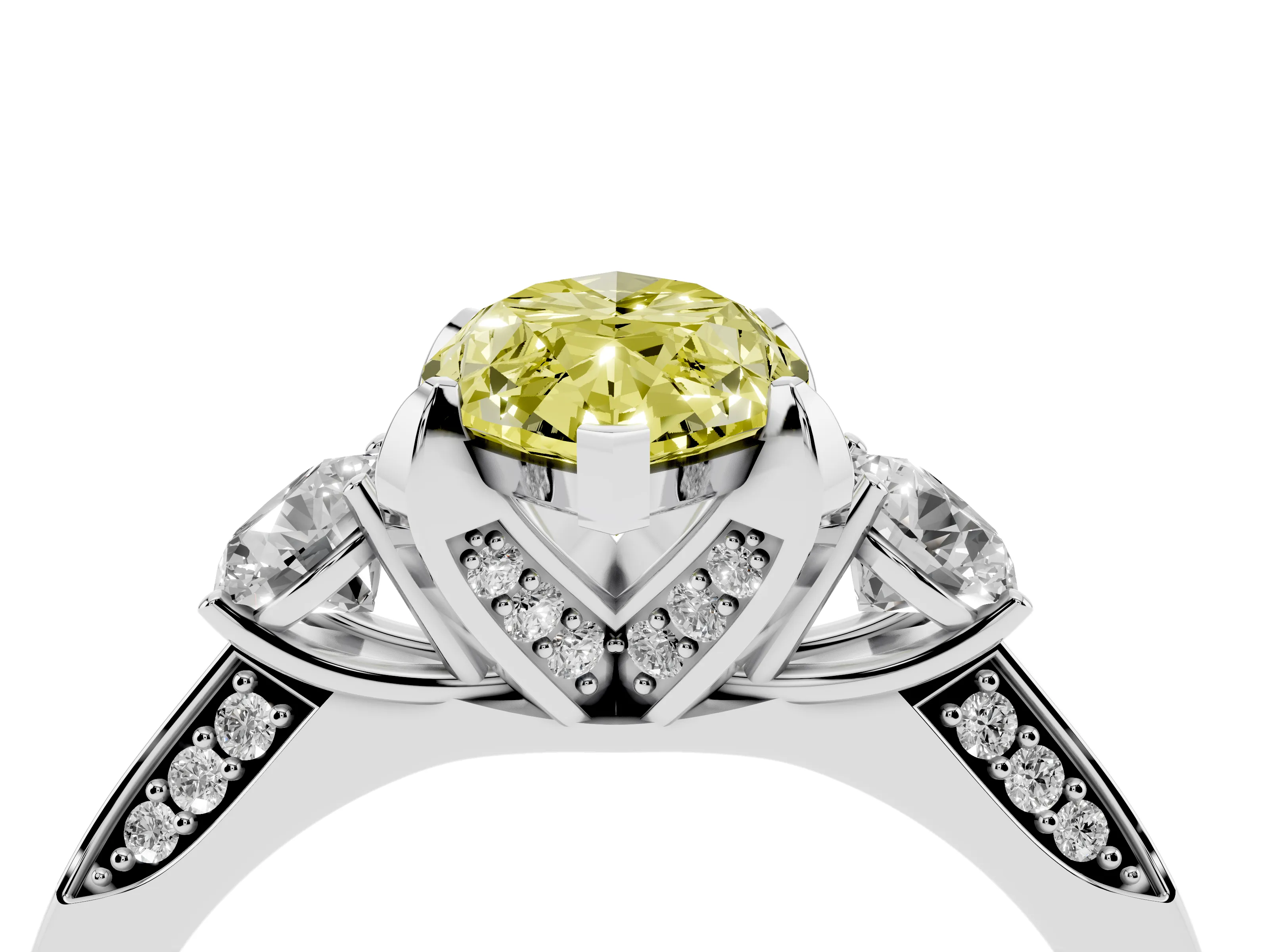 Fancy Yellow Marquise Cut Diamond Three-Stone Ring Set in Platinum with Pavé Band and Smaller Side Stones