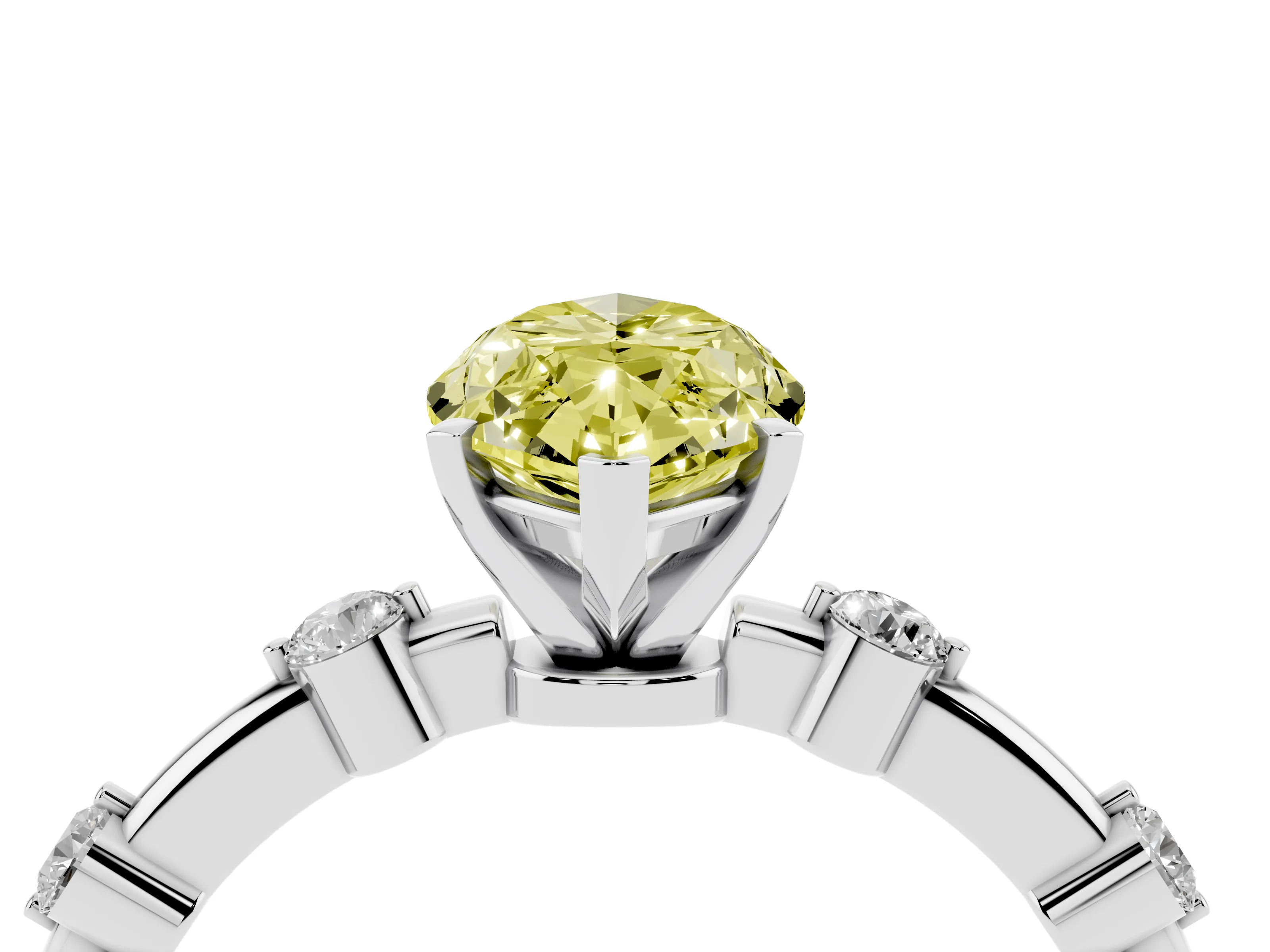 Fancy Yellow Marquise Cut Diamond Solitaire Ring Set in White gold with Bezel Set Side Stones and Prong Setting