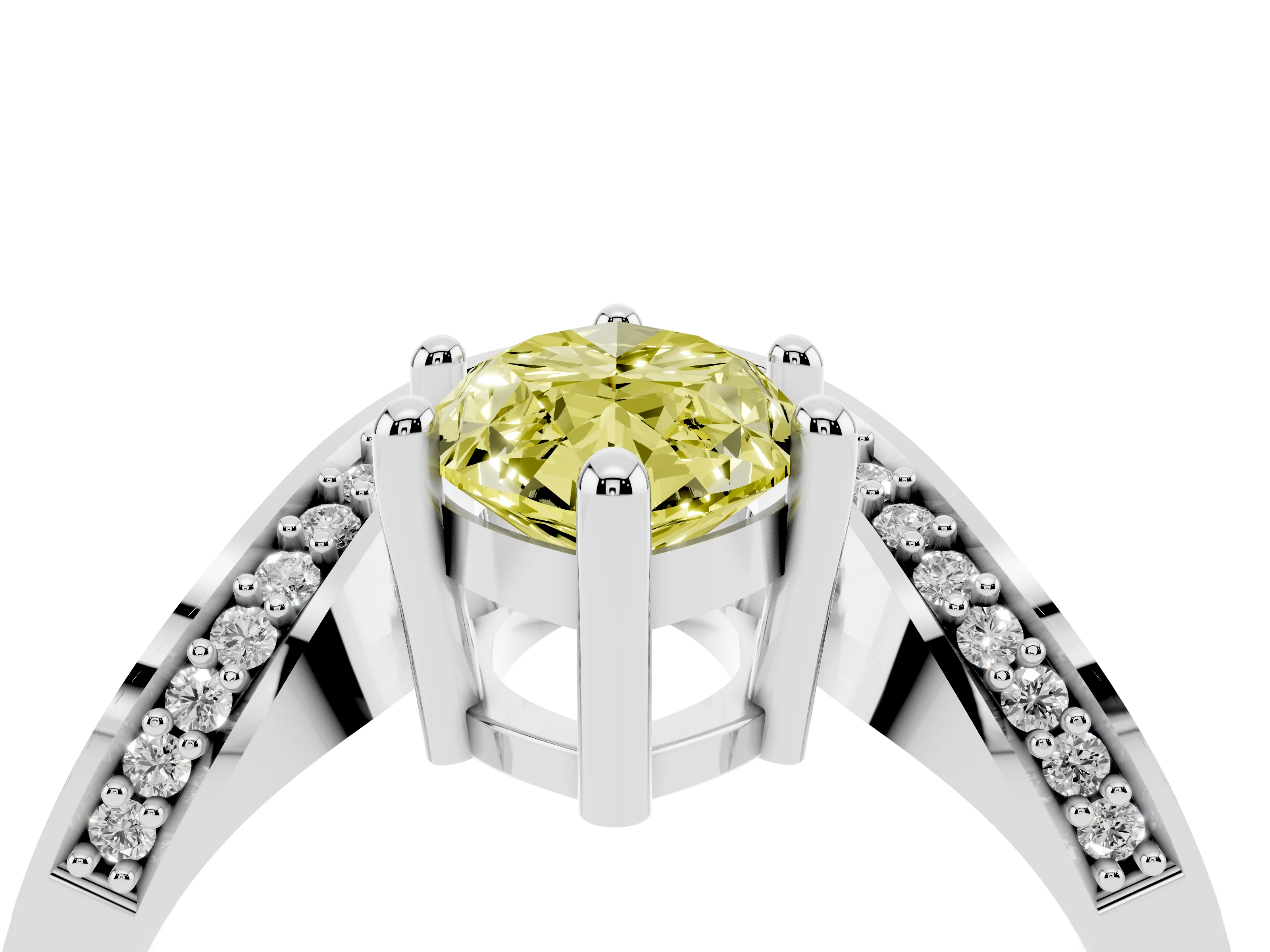 Fancy Yellow Marquise Cut Diamond Solitaire Engagement Ring Set in White gold with Pavé Shoulders