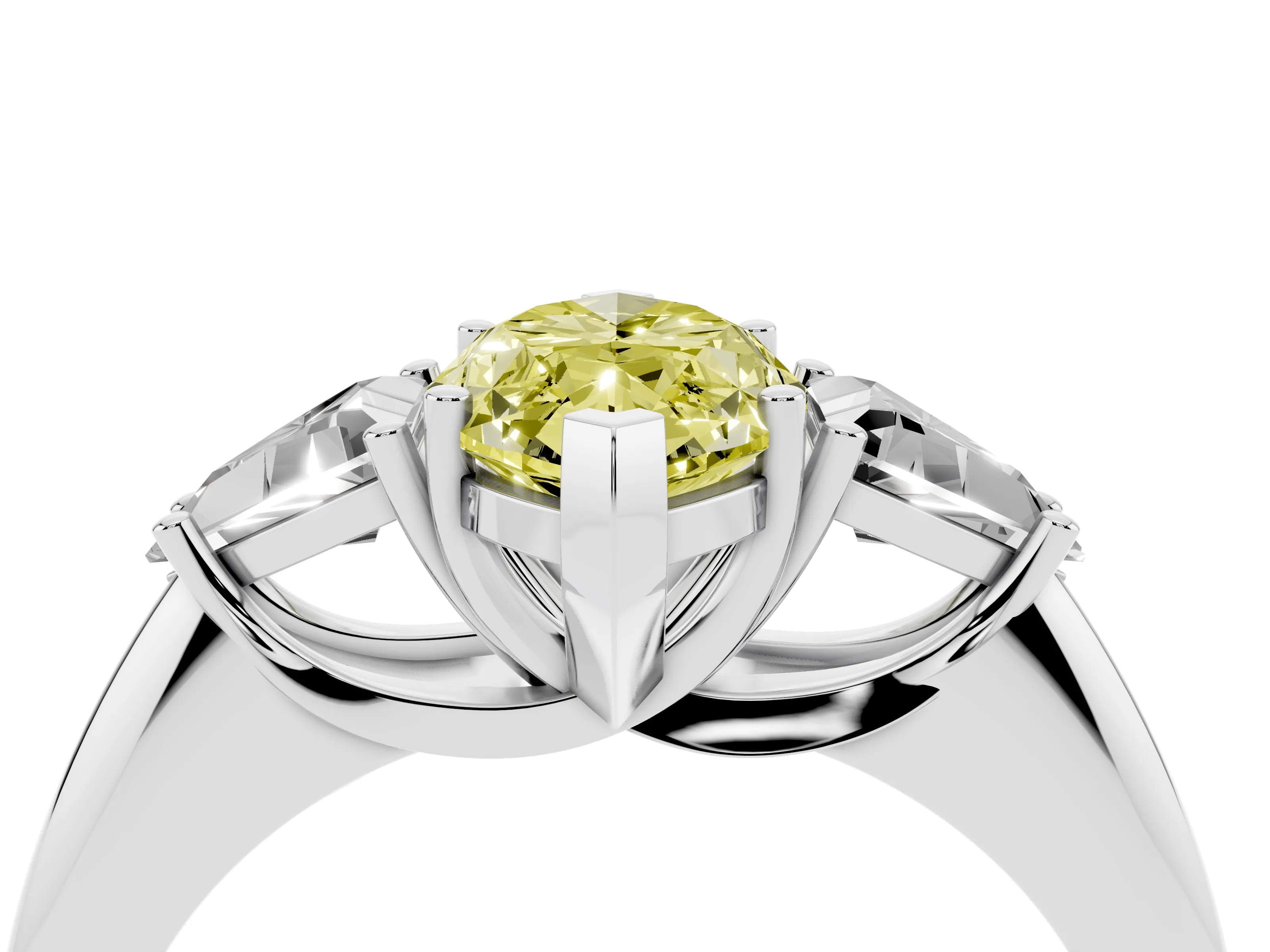 Fancy Yellow Marquise Cut Diamond Three-Stone Engagement Ring Set in Platinum with Trillion Side Stones