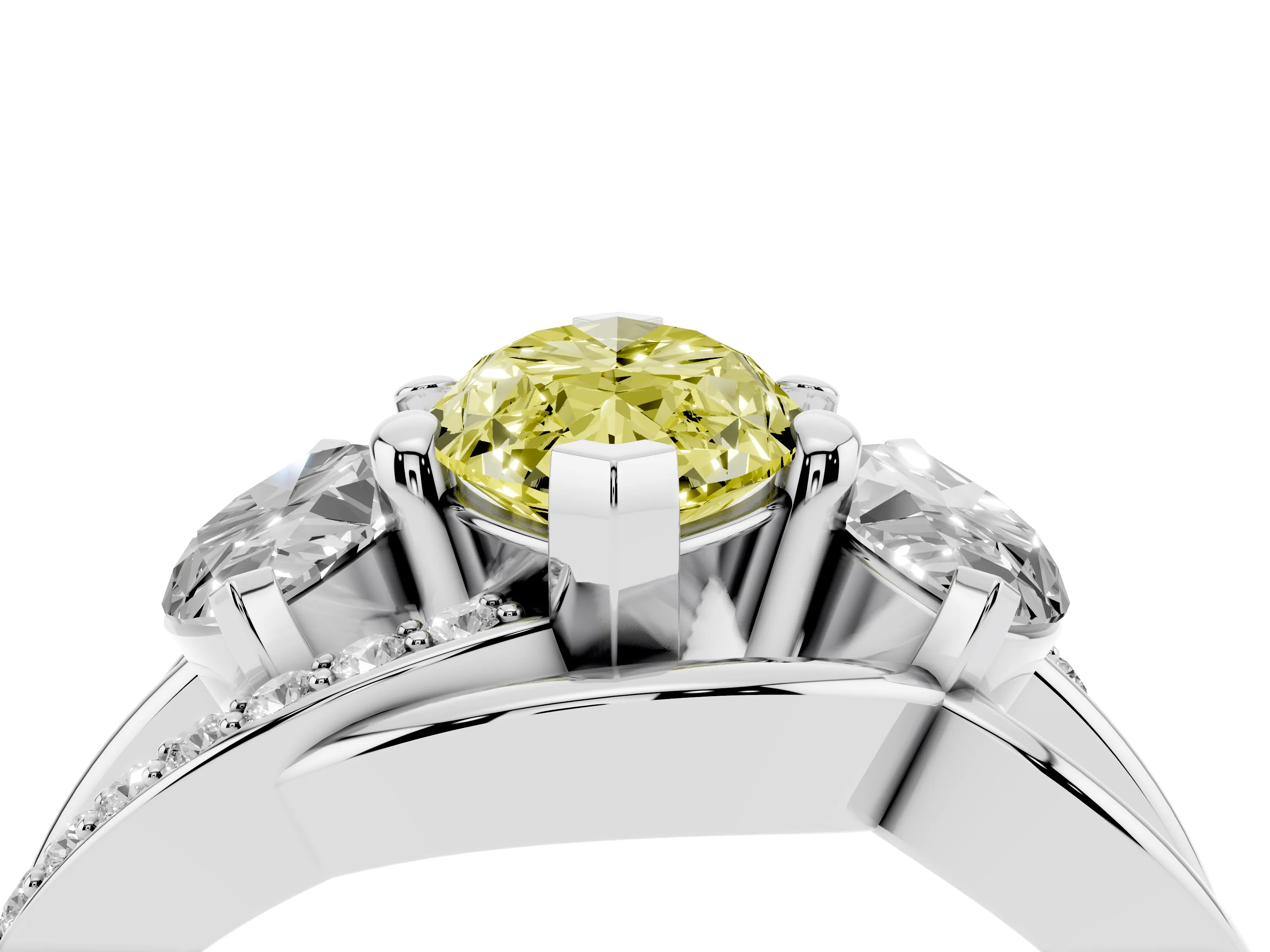 Fancy Yellow Marquise Cut Diamond Three-Stone Ring Set in Platinum with Split Shank and Prong Setting