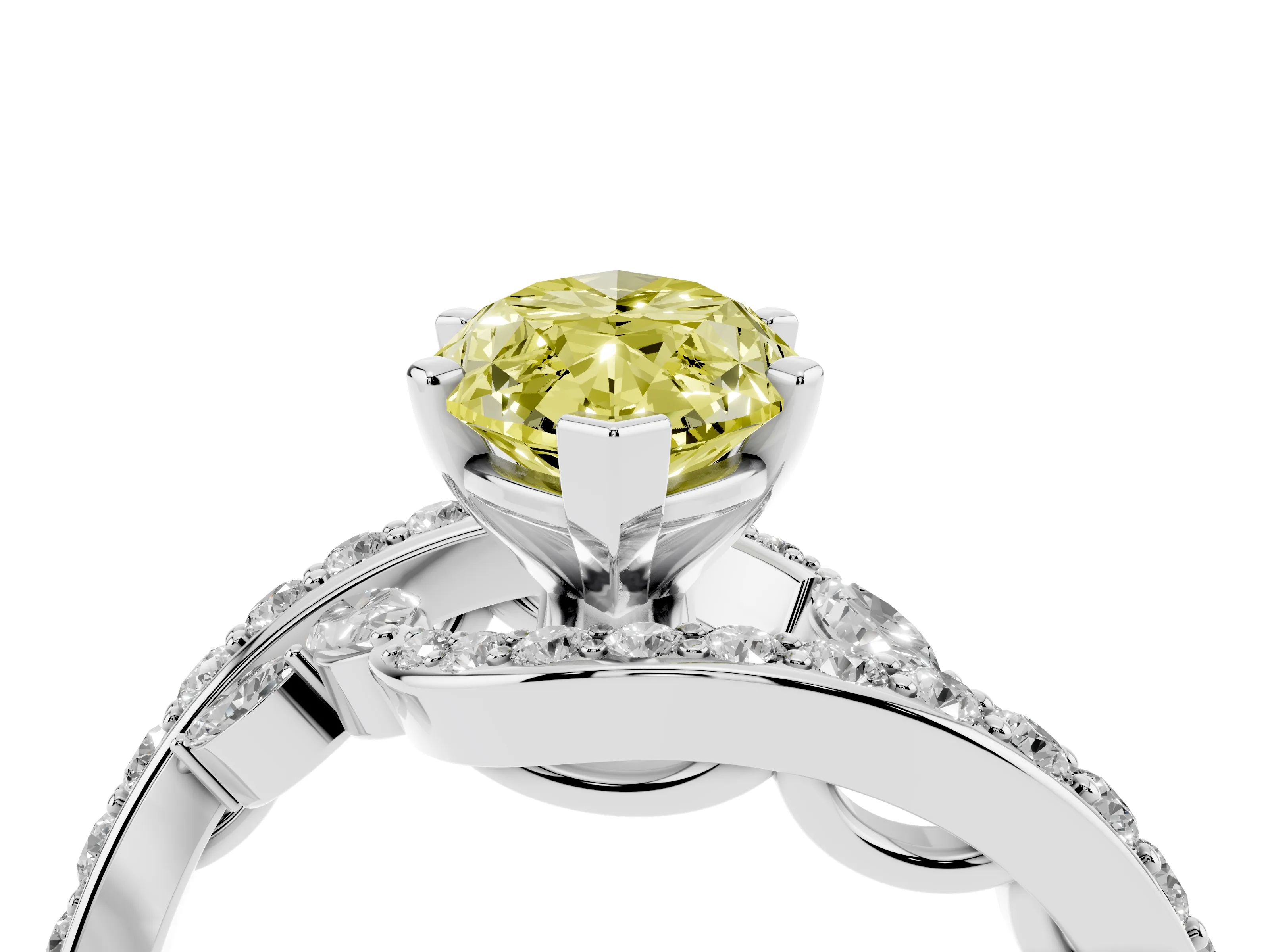 Fancy Yellow Marquise Cut Diamond Solitaire Ring Set in Platinum with Pavé Twist Band and Secure Prong Setting