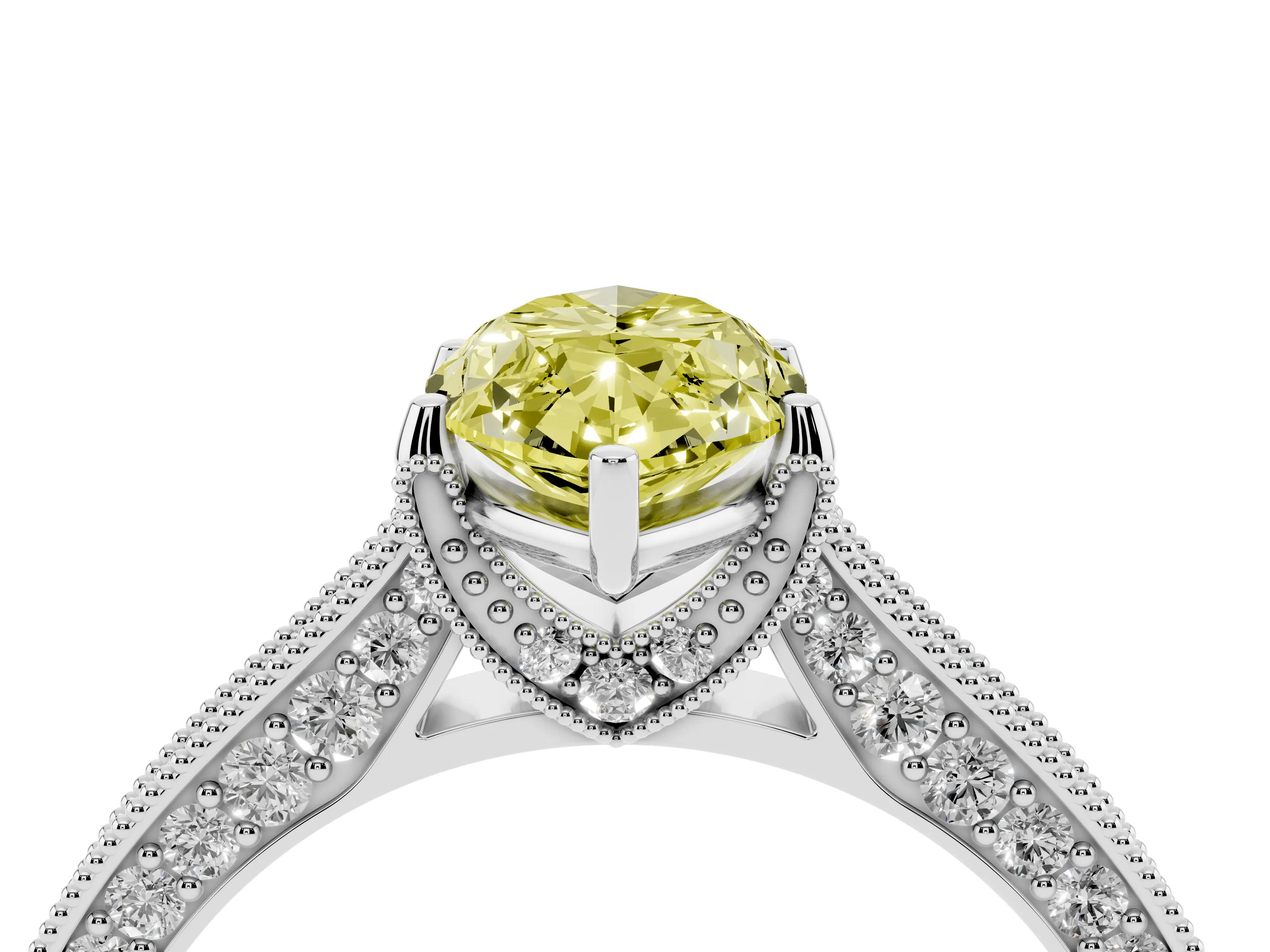 Fancy Yellow Marquise Cut Diamond Solitaire Ring Set in White gold with Milgrain-Edged Pavé Band and Prong Setting