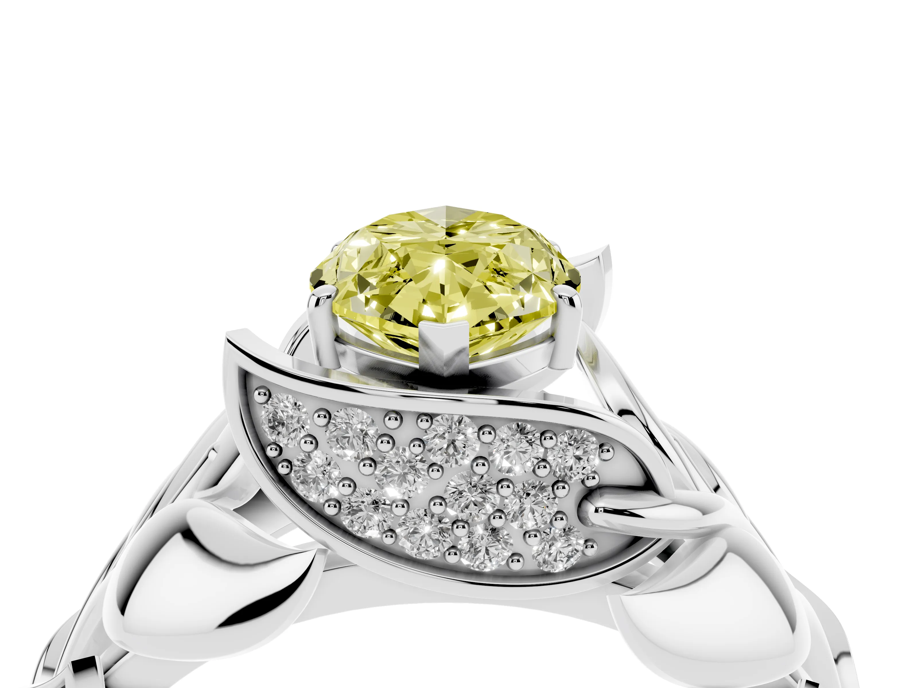 Fancy Yellow Marquise Cut Diamond Leaf-Inspired Engagement Ring Set in Platinum with Round Accents