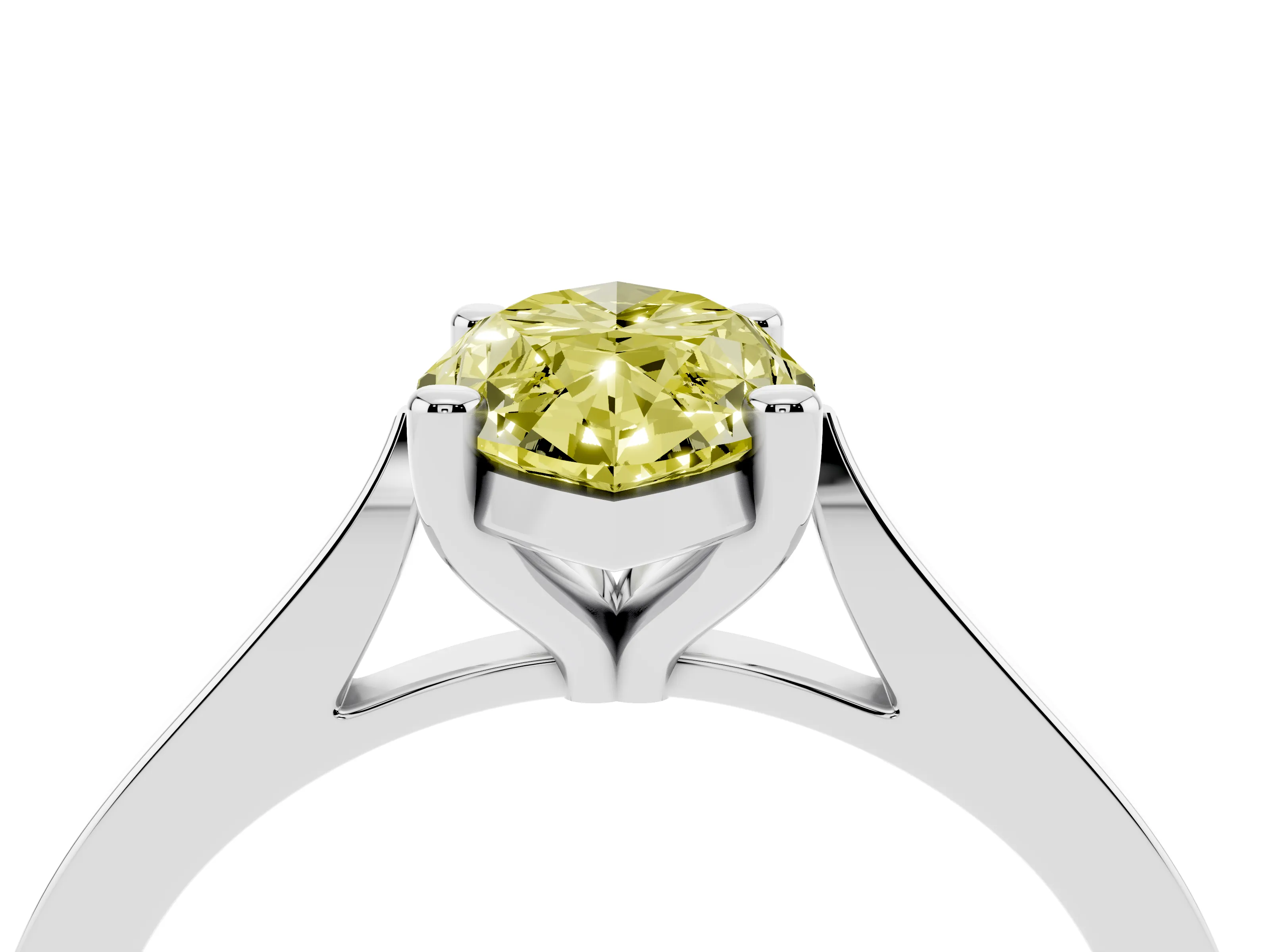 Fancy Yellow Marquise Cut Diamond Solitaire Ring Set in White gold with Prong Setting and Tapered Band