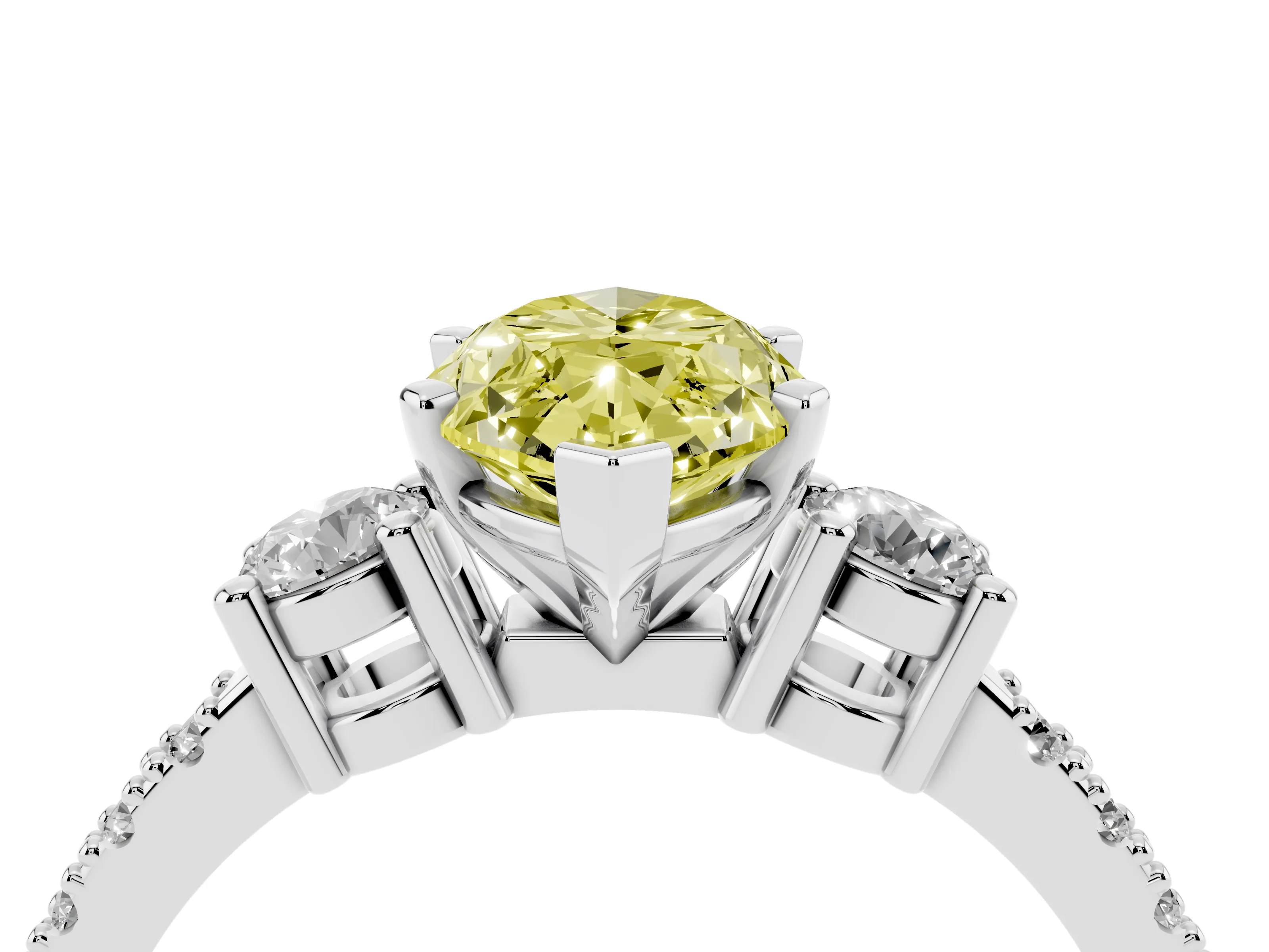Fancy Yellow Three-Stone Marquise Cut Diamond Pavé Band Ring Set in Platinum with Prong Setting