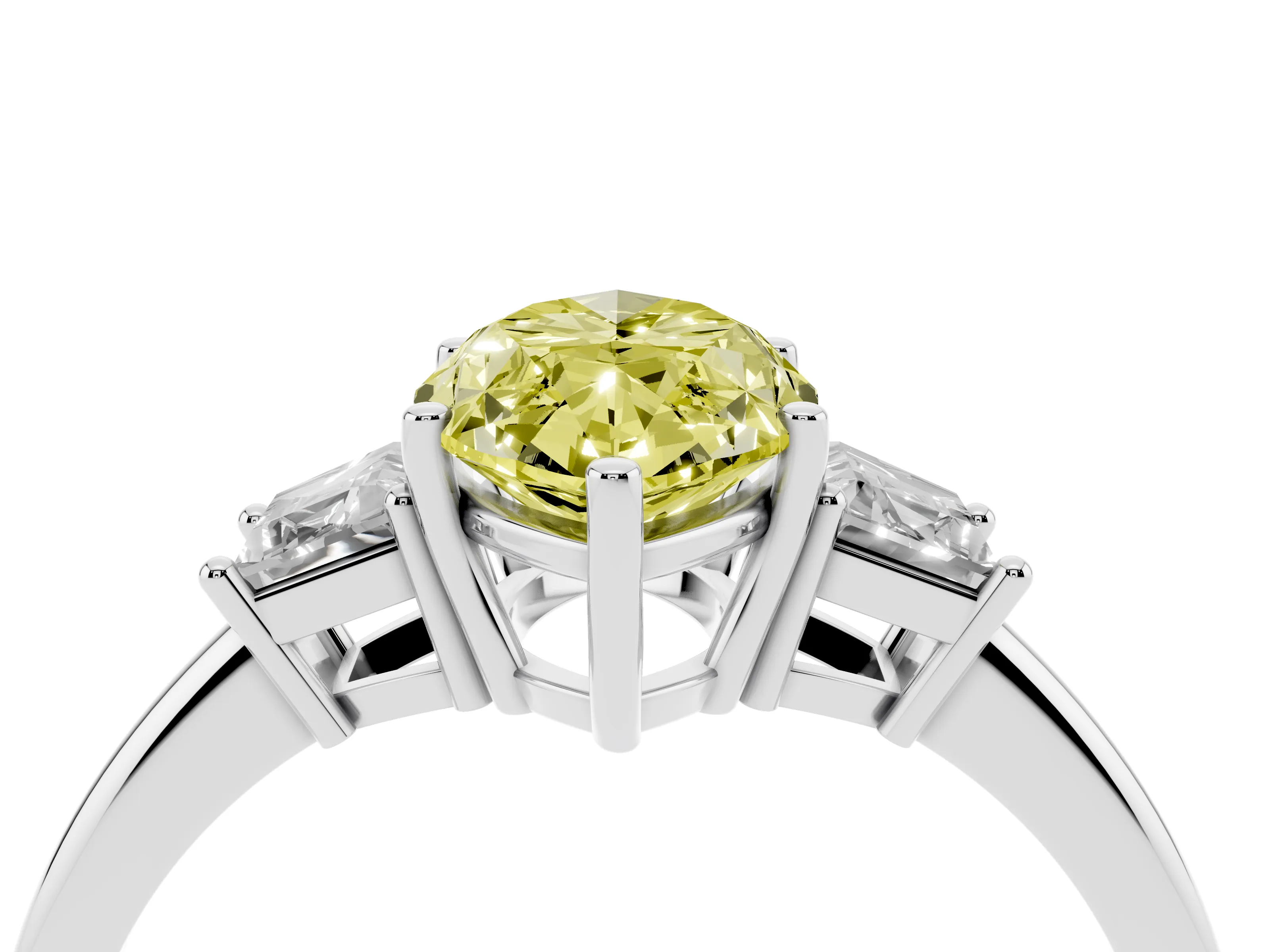 Fancy Yellow Marquise Cut Diamond Three-Stone Ring Set in Platinum with Trapezoid Side Stones and Prong Setting