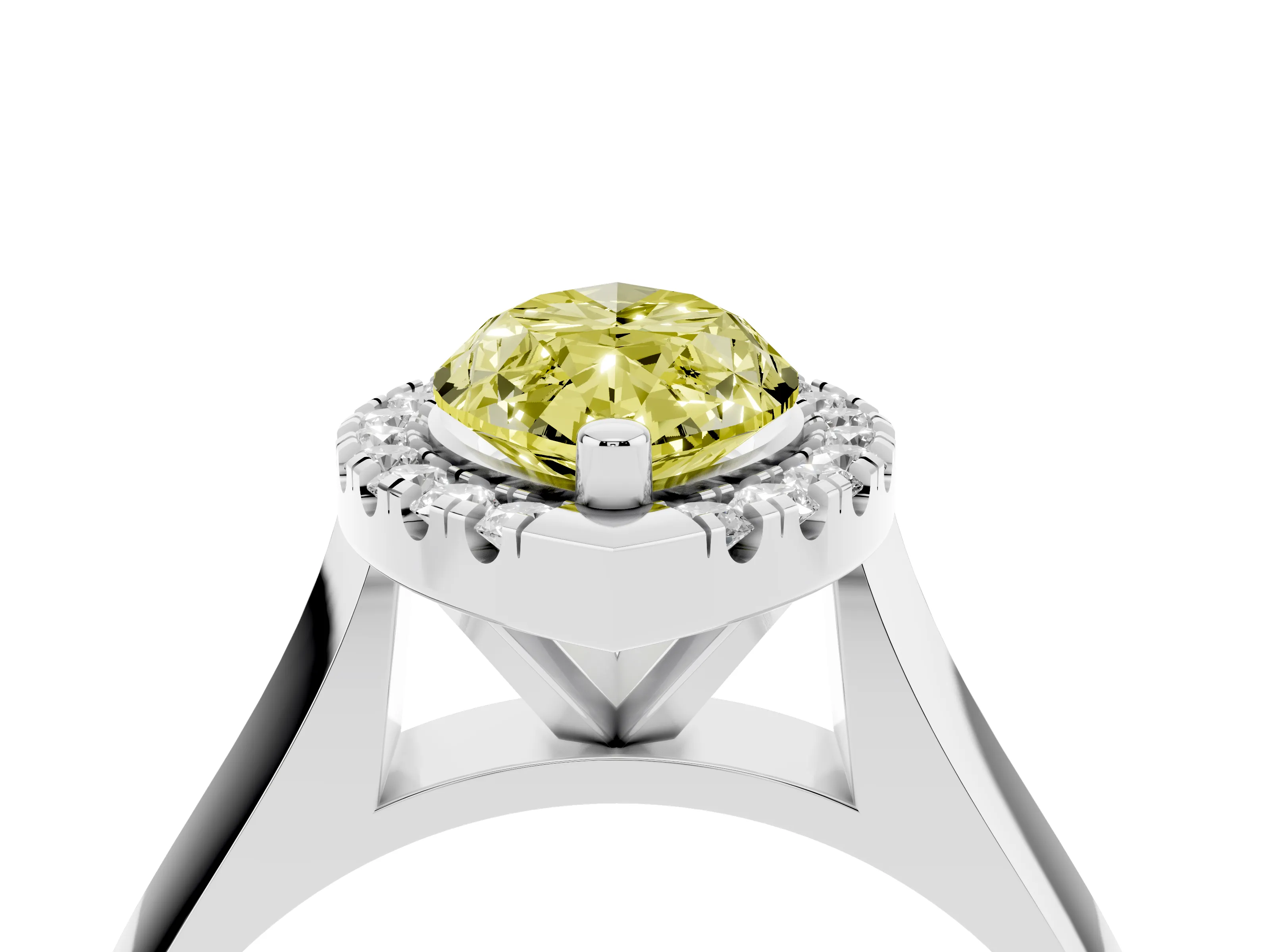Fancy Yellow Marquise Cut Diamond Halo Solitaire Engagement Ring Set in White gold with Square Band and Prong Setting