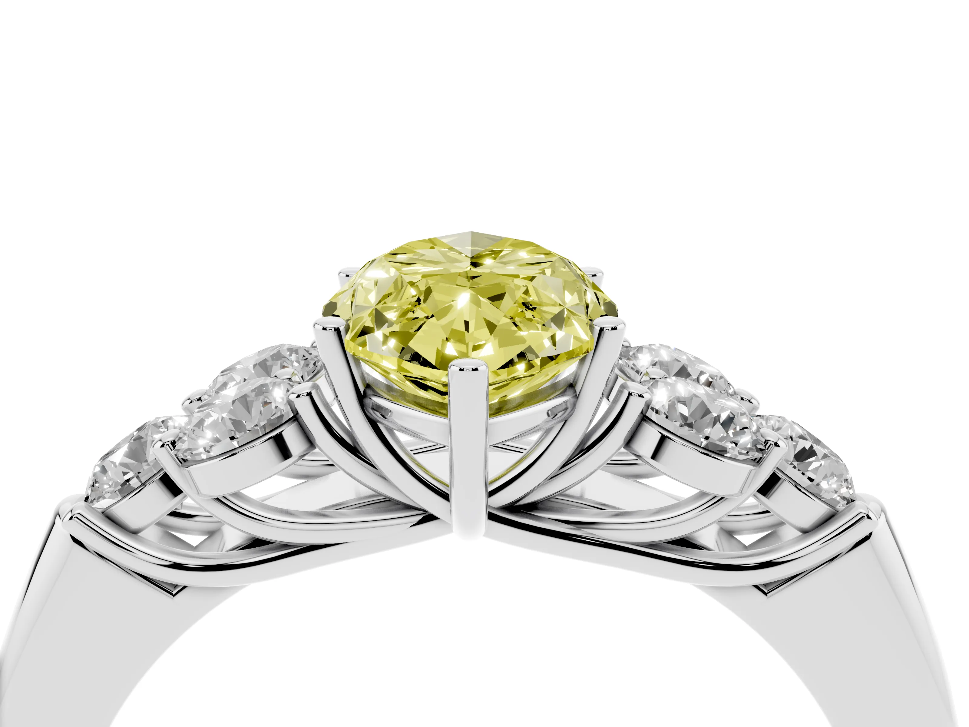 Fancy Yellow Marquise Cut Diamond Cluster Ring Set in Platinum with Round Accent Stones and Prong Setting on a Plain Band