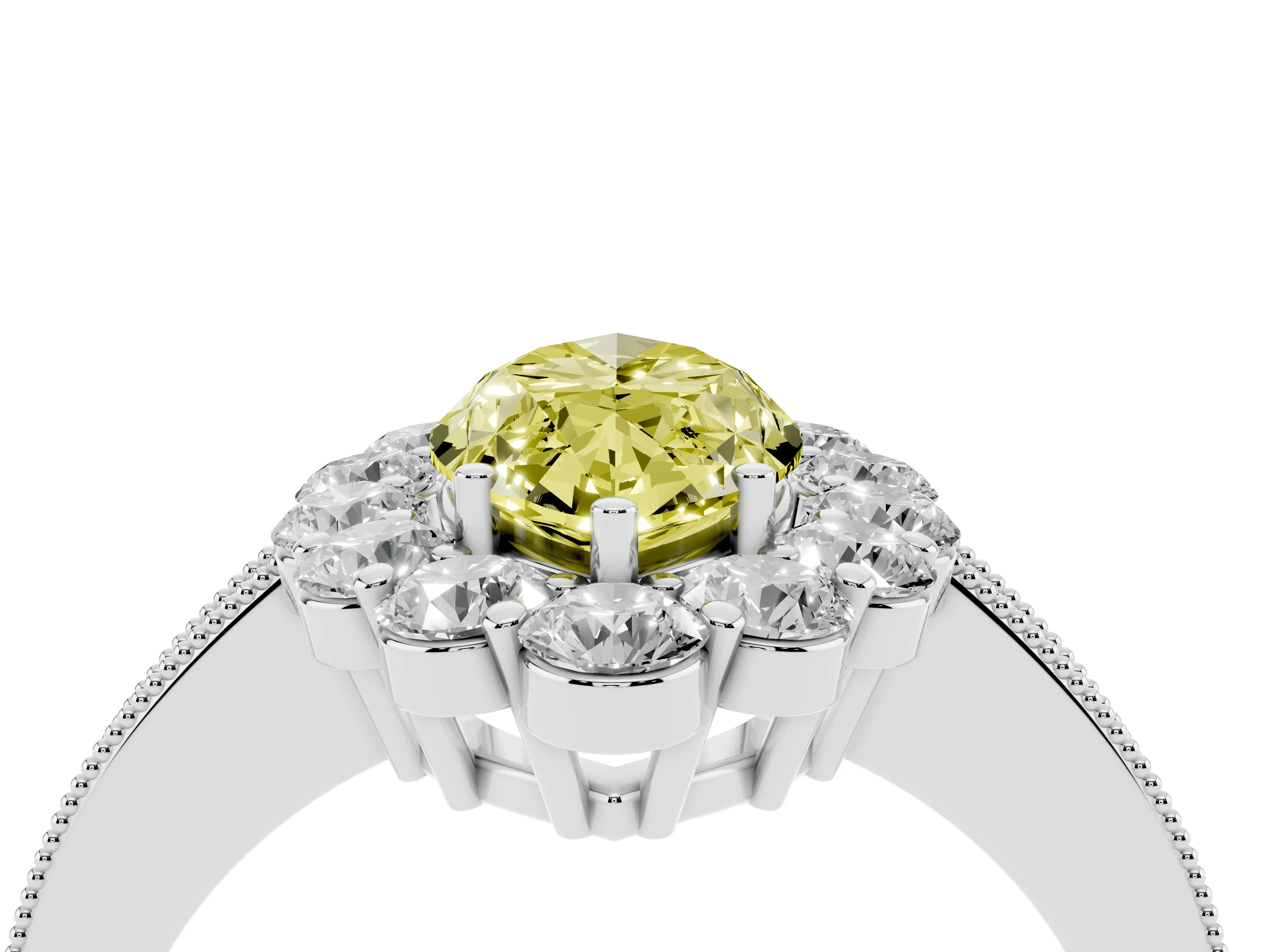 Fancy Yellow Marquise Cut Diamond Halo Pavé Engagement Ring Set in White gold with Milgrain Detailing