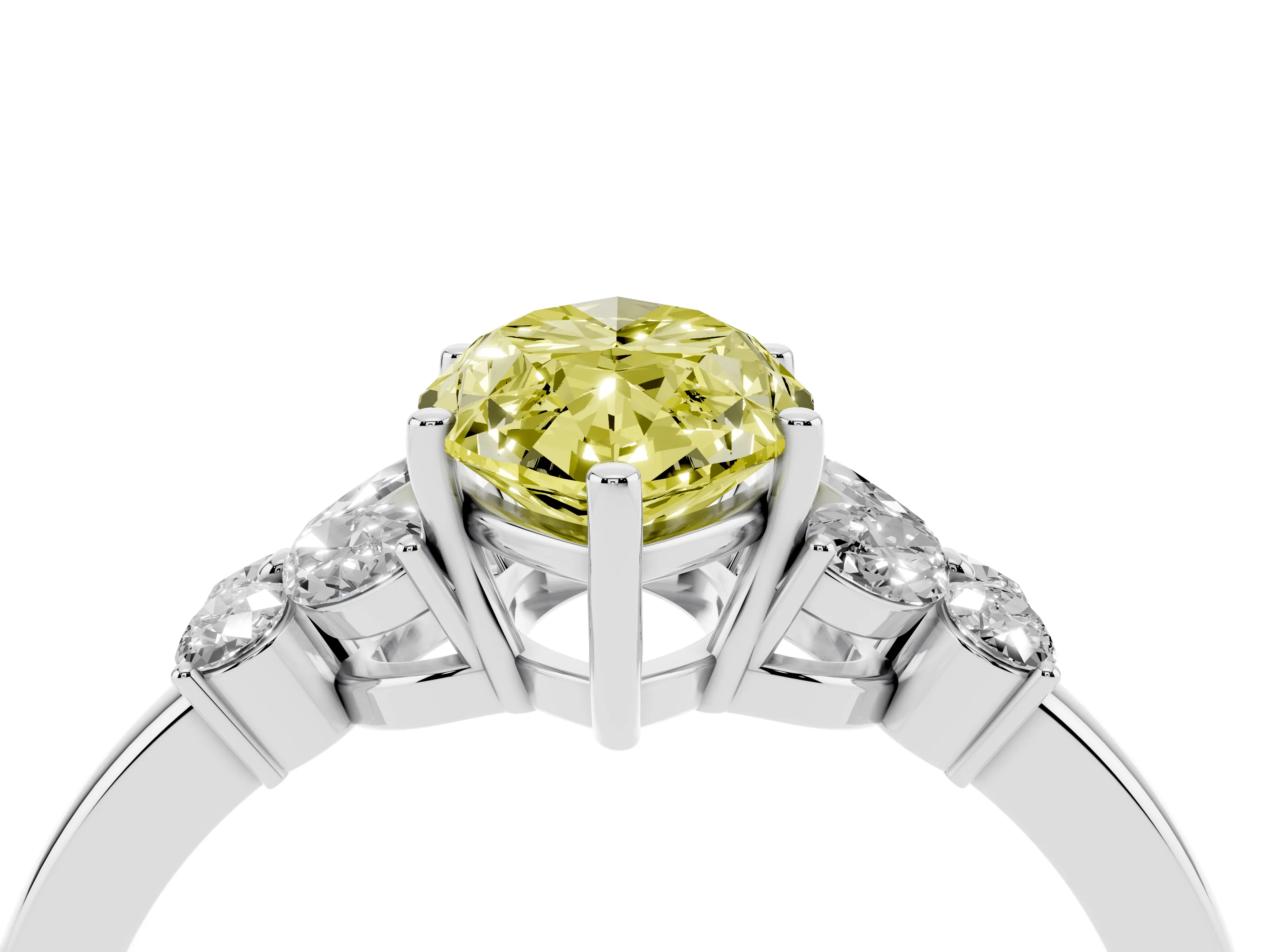 Fancy Yellow Marquise Cut Diamond Solitaire Floral Ring Set in Platinum with Marquise Petals and Prong Setting