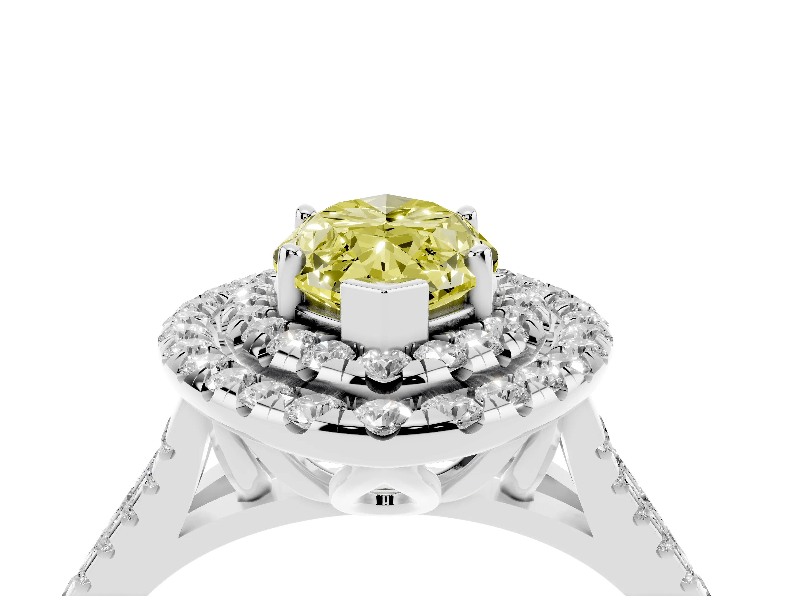 Fancy Yellow Marquise Cut Diamond Double Halo Ring Set in Silver with Pavé Split Shank and Prong Setting