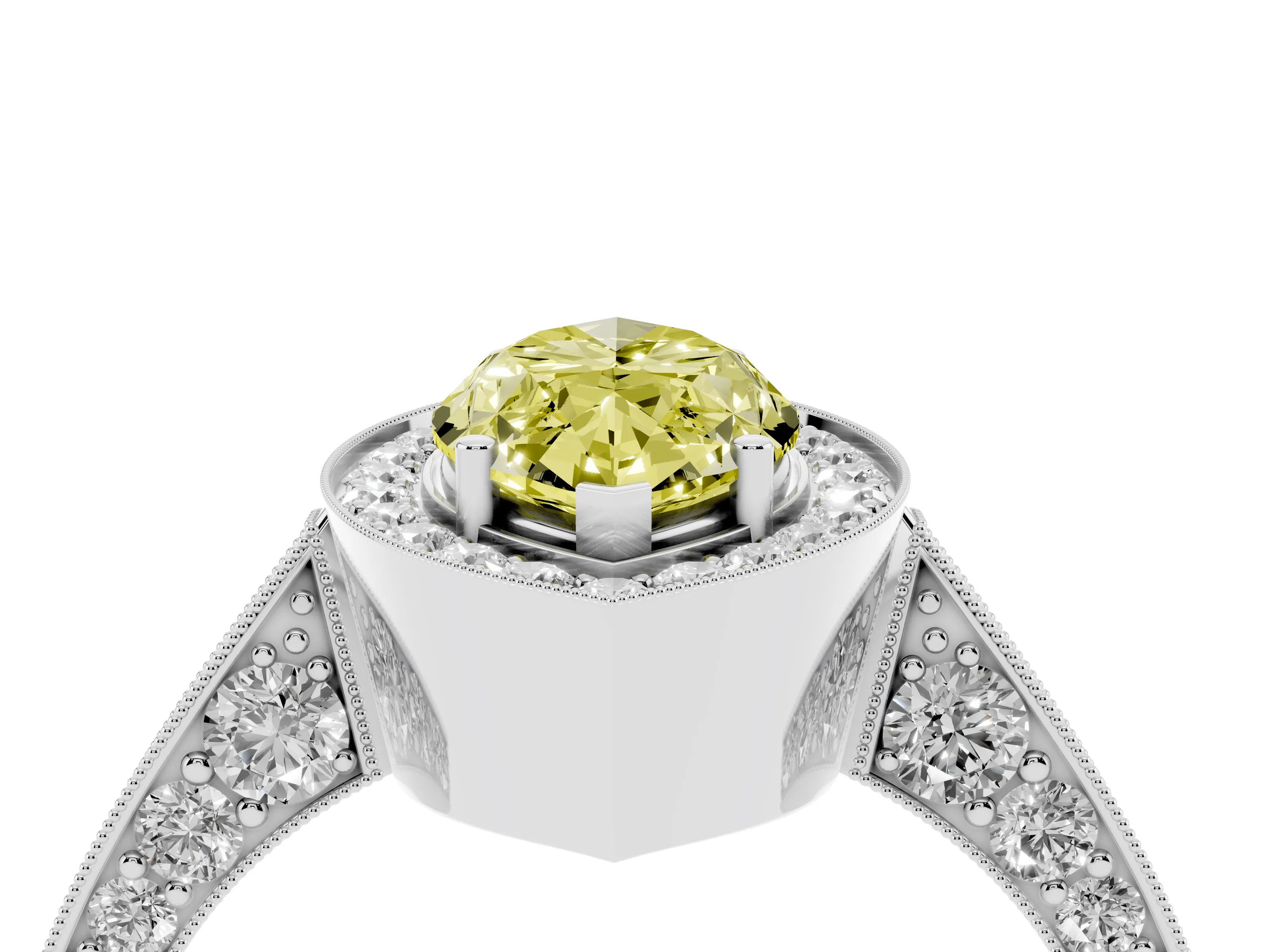 Fancy Yellow Marquise Cut Diamond Halo Engagement Ring Set in White gold with Accent Split Shank Band