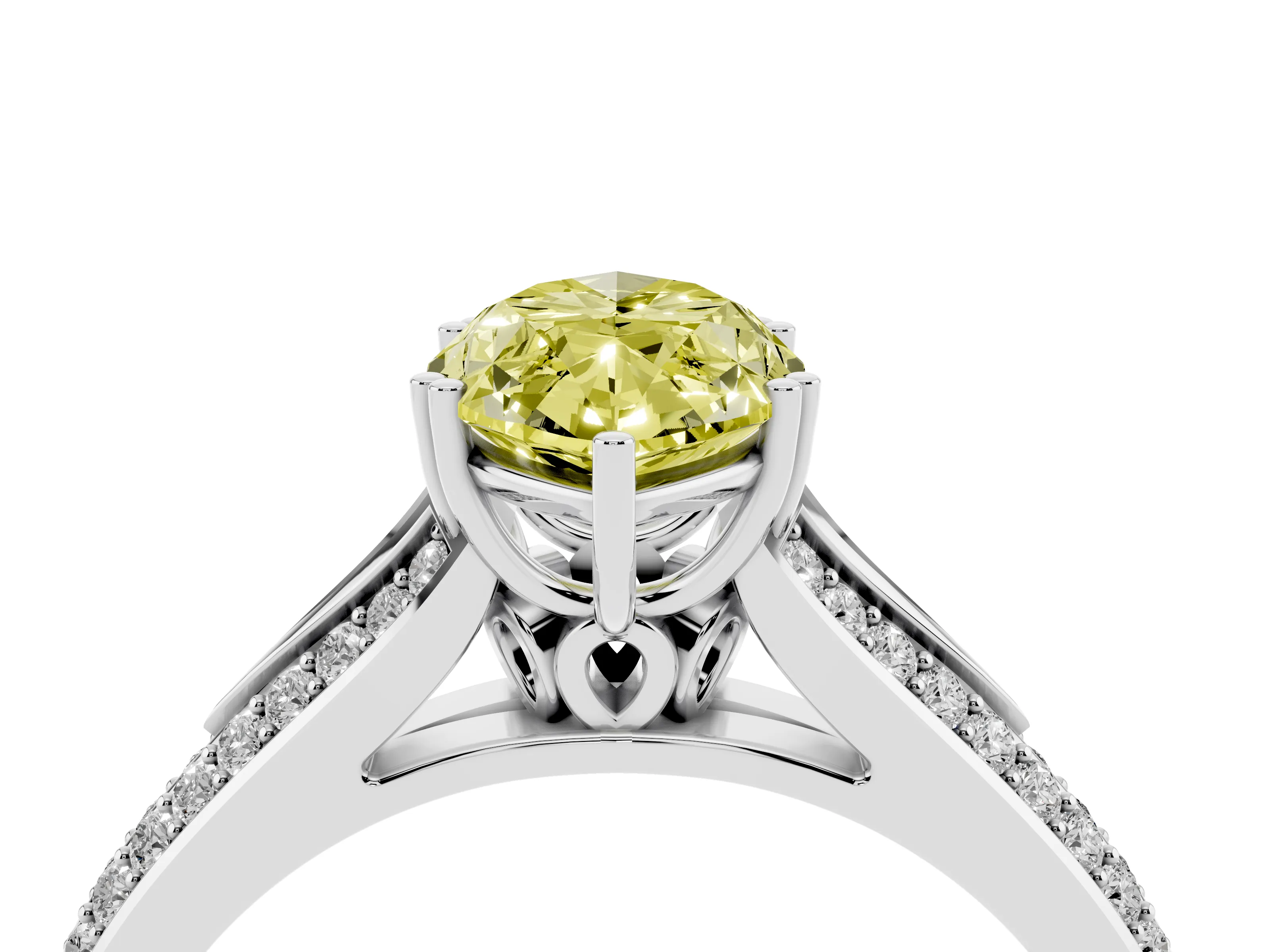 Fancy Yellow Marquise Cut Diamond Split Shank Pavé Engagement Ring Set in White gold with Prong-Set Center Stone