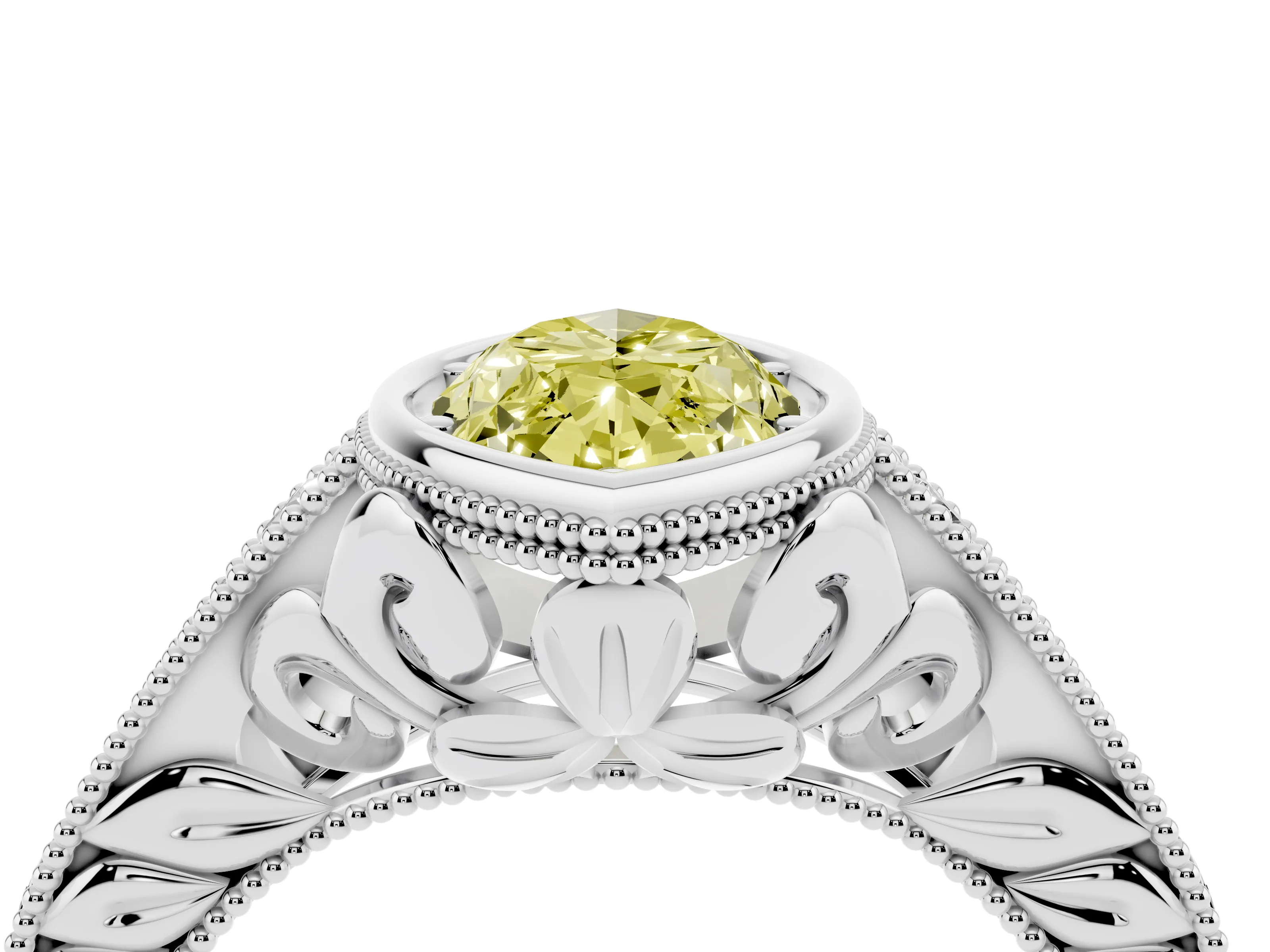 Fancy Yellow Bezel Set Marquise Cut Diamond Milgrain Pavé Engagement Ring Set in White gold