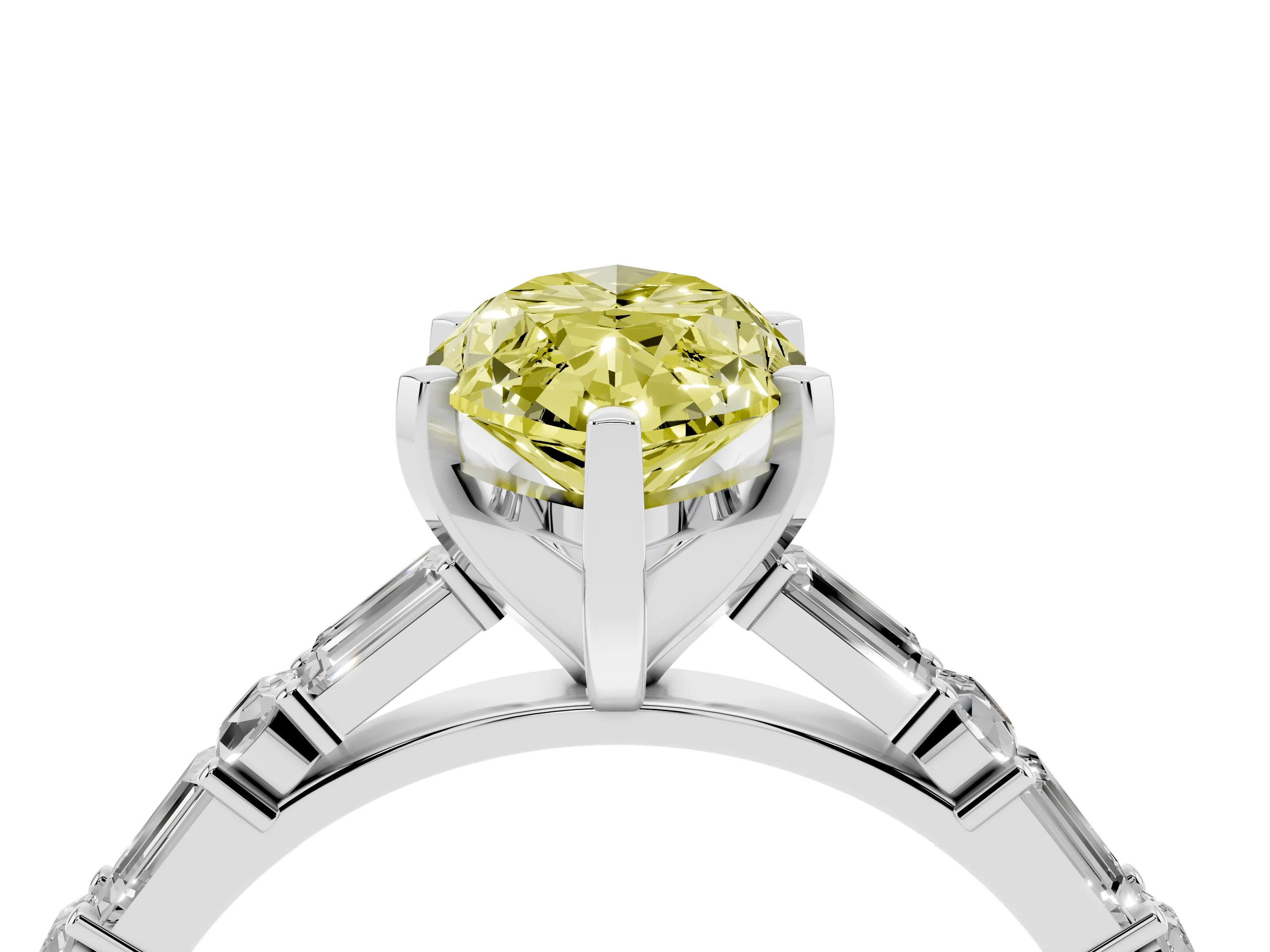 Fancy Yellow Marquise Cut Diamond Solitaire Set in Silver with Side Baguettes and Channel Set Band
