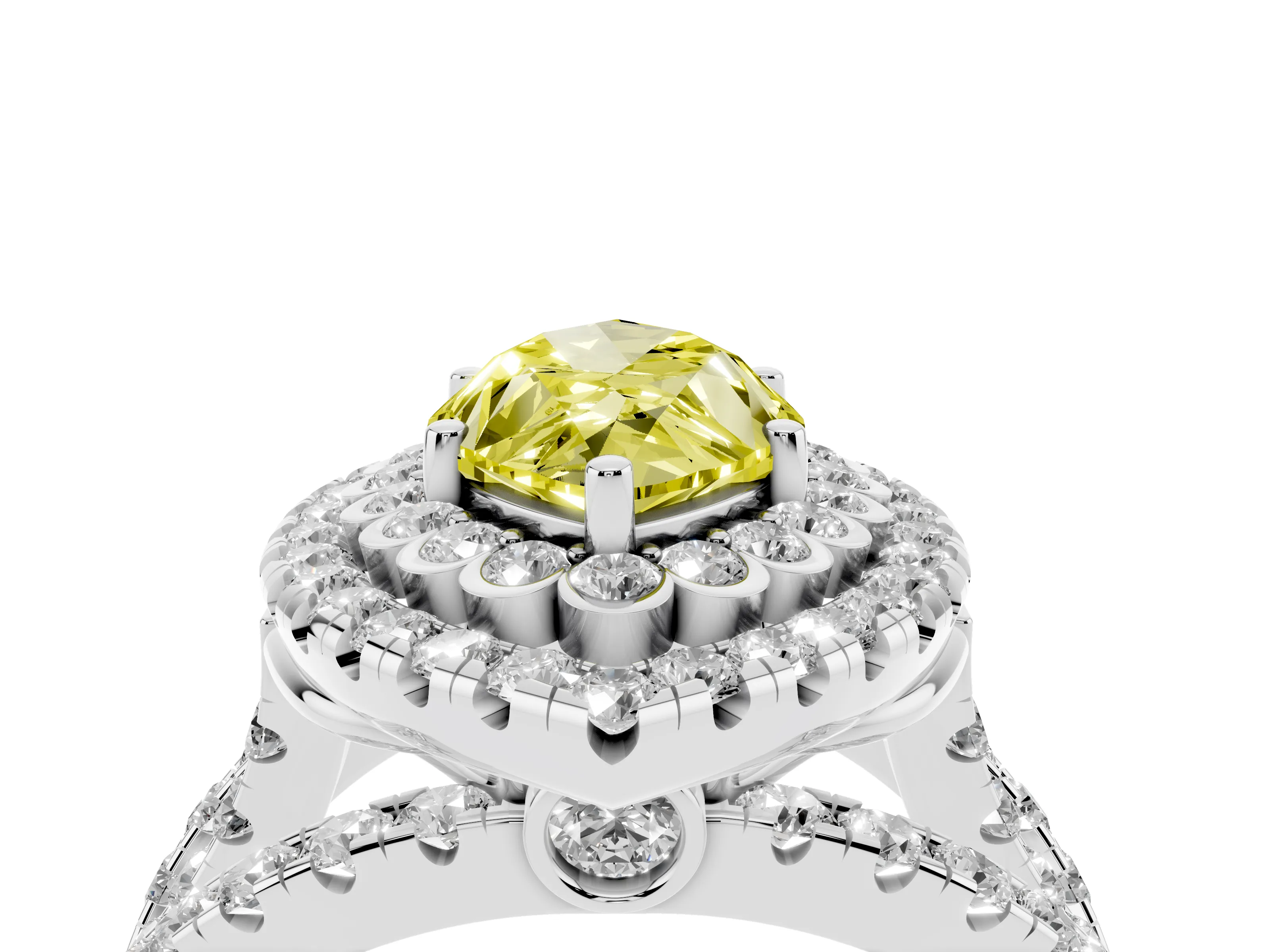 Fancy Yellow Marquise Cut Diamond Double Halo Ring Set in White gold with Round Pavé Split Shank