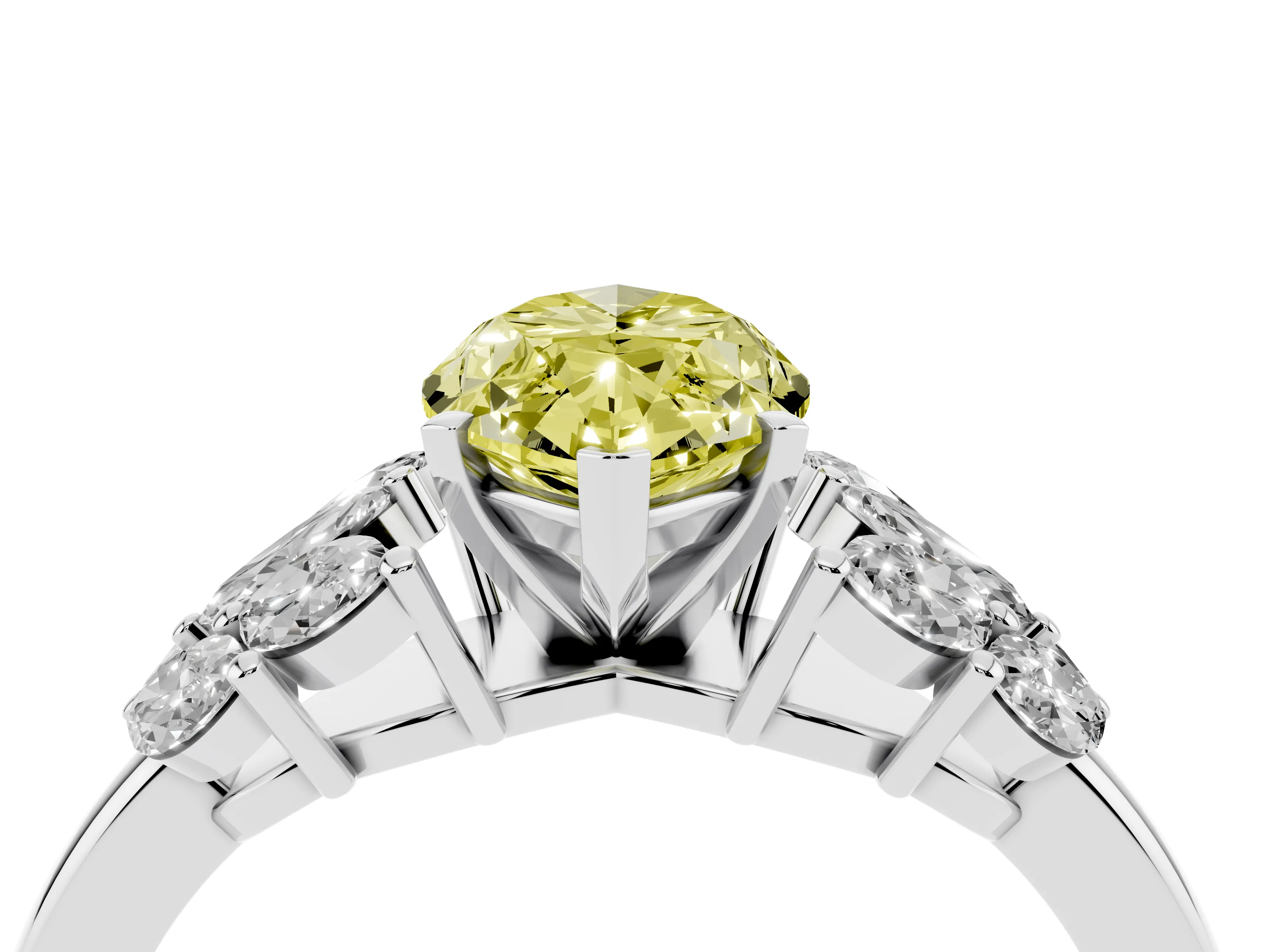Fancy Yellow Marquise Cut Diamond Cluster Leaf Design Ring Set in Platinum with Prong Setting