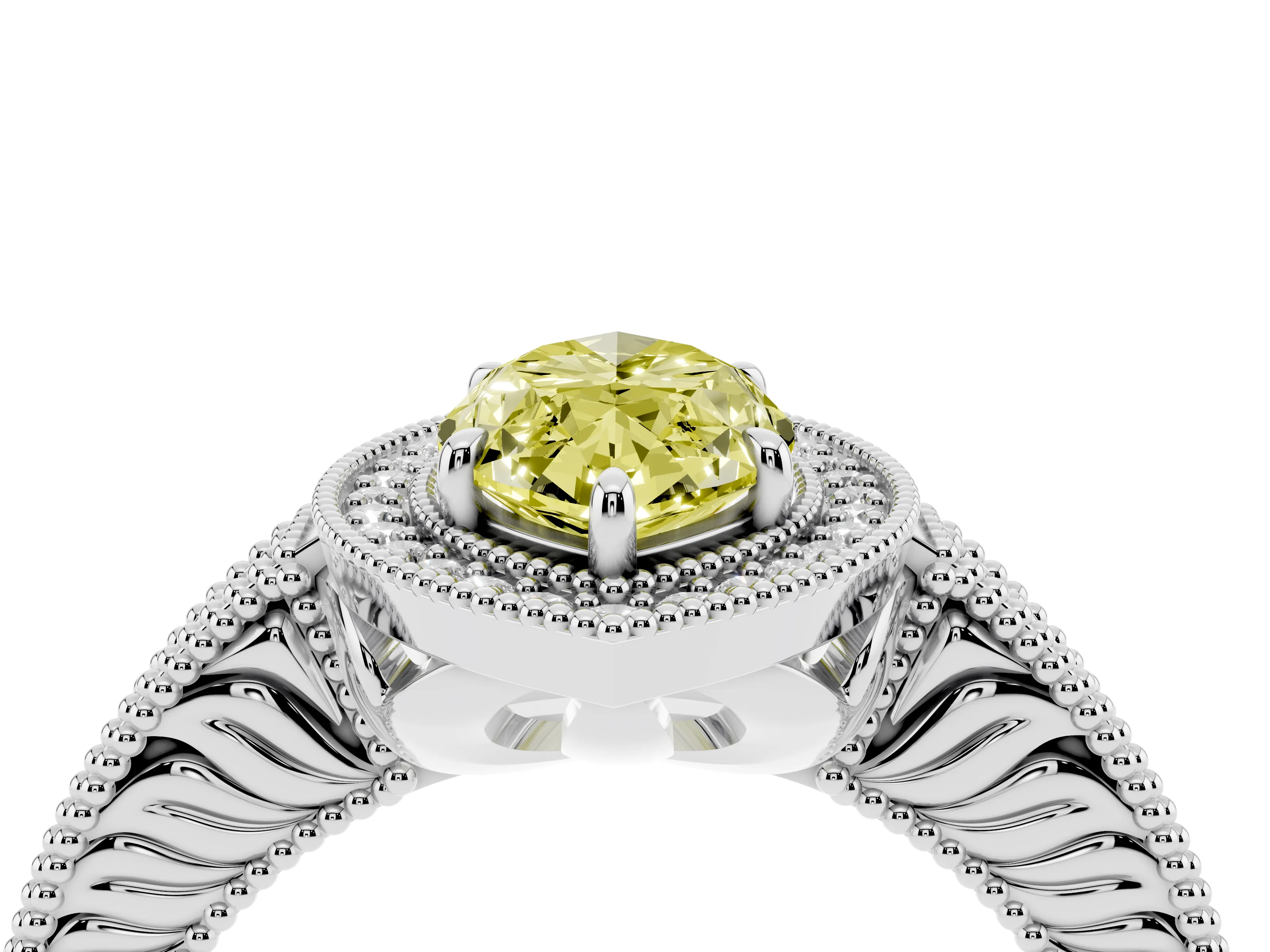 Fancy Yellow Marquise Cut Diamond Halo Ring Set in Silver with Round Accent Halo, Pavé Band and Prong Setting