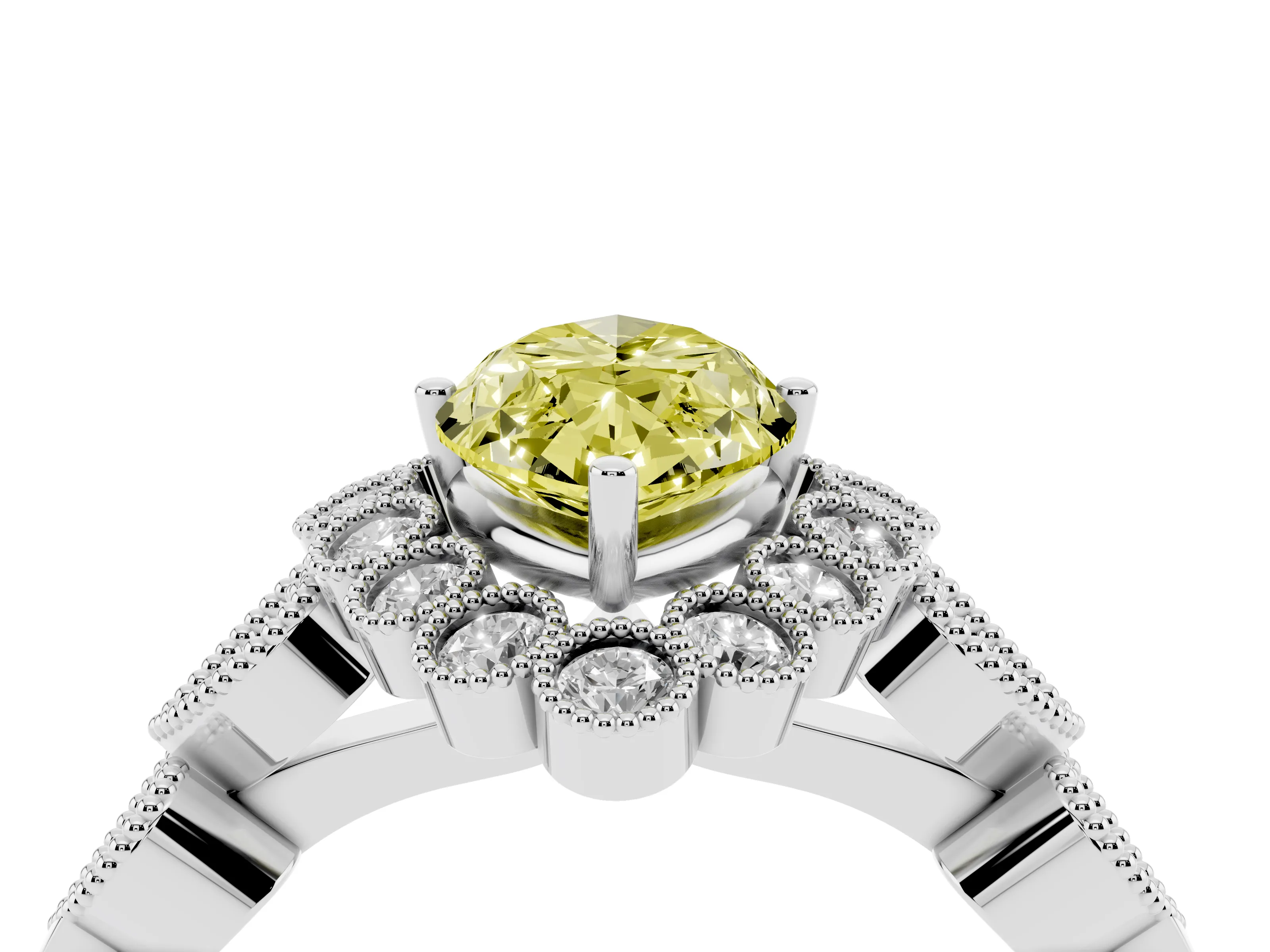 Fancy Yellow Marquise Cut Diamond Solitaire Ring Set in Platinum with Milgrain Pavé Heart Band
