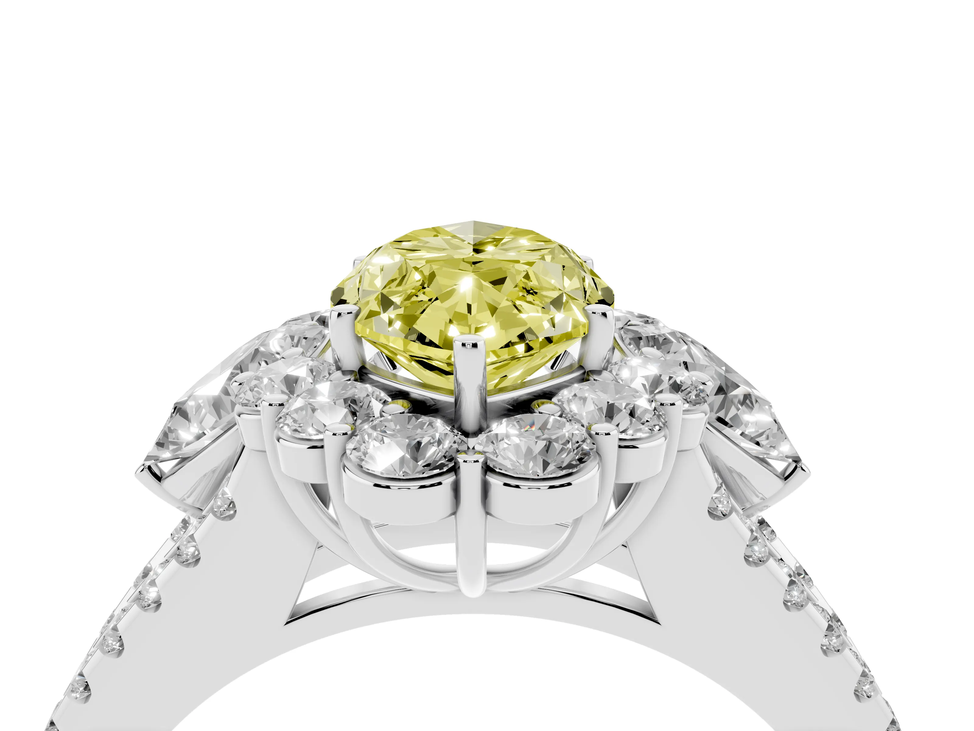 Fancy Yellow Marquise Cut Diamond Halo Split Shank Engagement Ring Set in Platinum with Prong-Held Center Stone