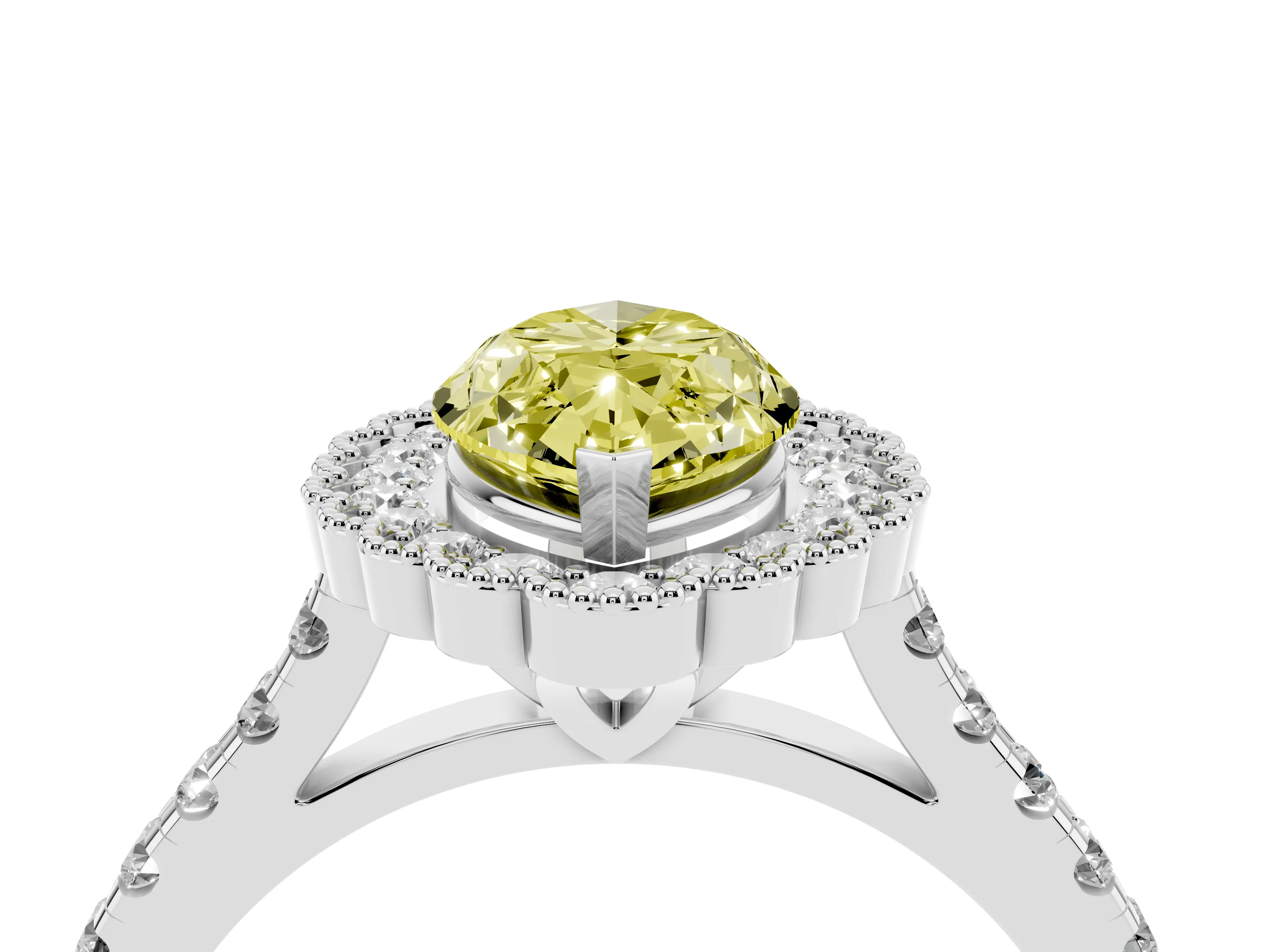 Fancy Yellow Marquise Cut Diamond Milgrain Floral Halo Engagement Ring Set in White gold with Pavé Band