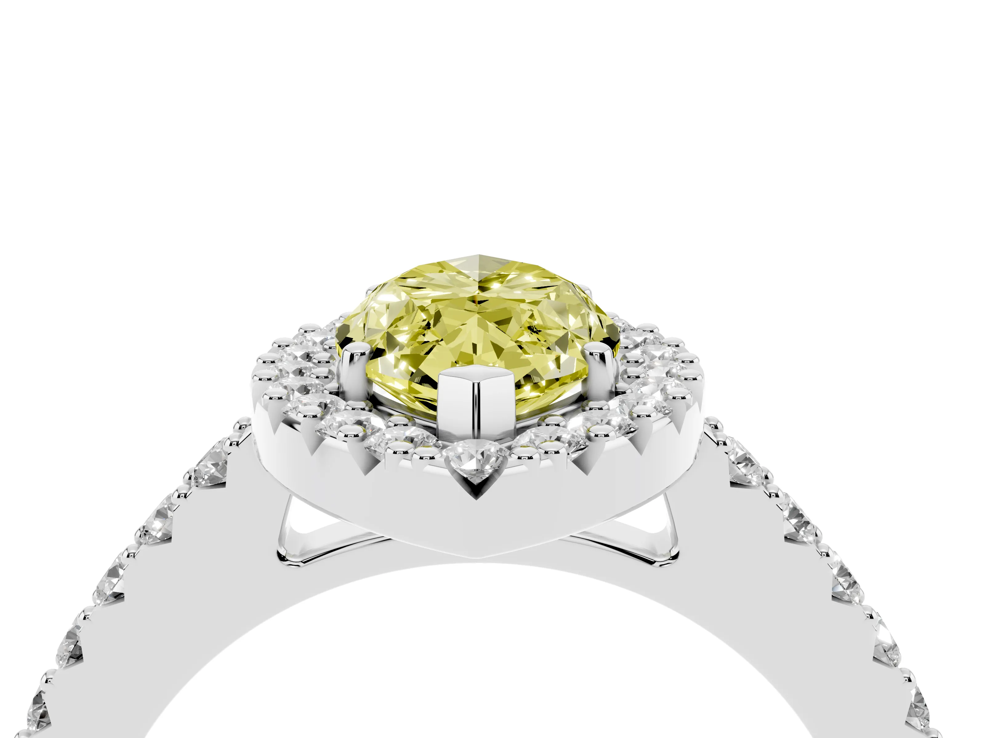 Fancy Yellow Marquise Cut Diamond Halo Pavé Solitaire Ring Set in White gold with Prong-Set Center Stone