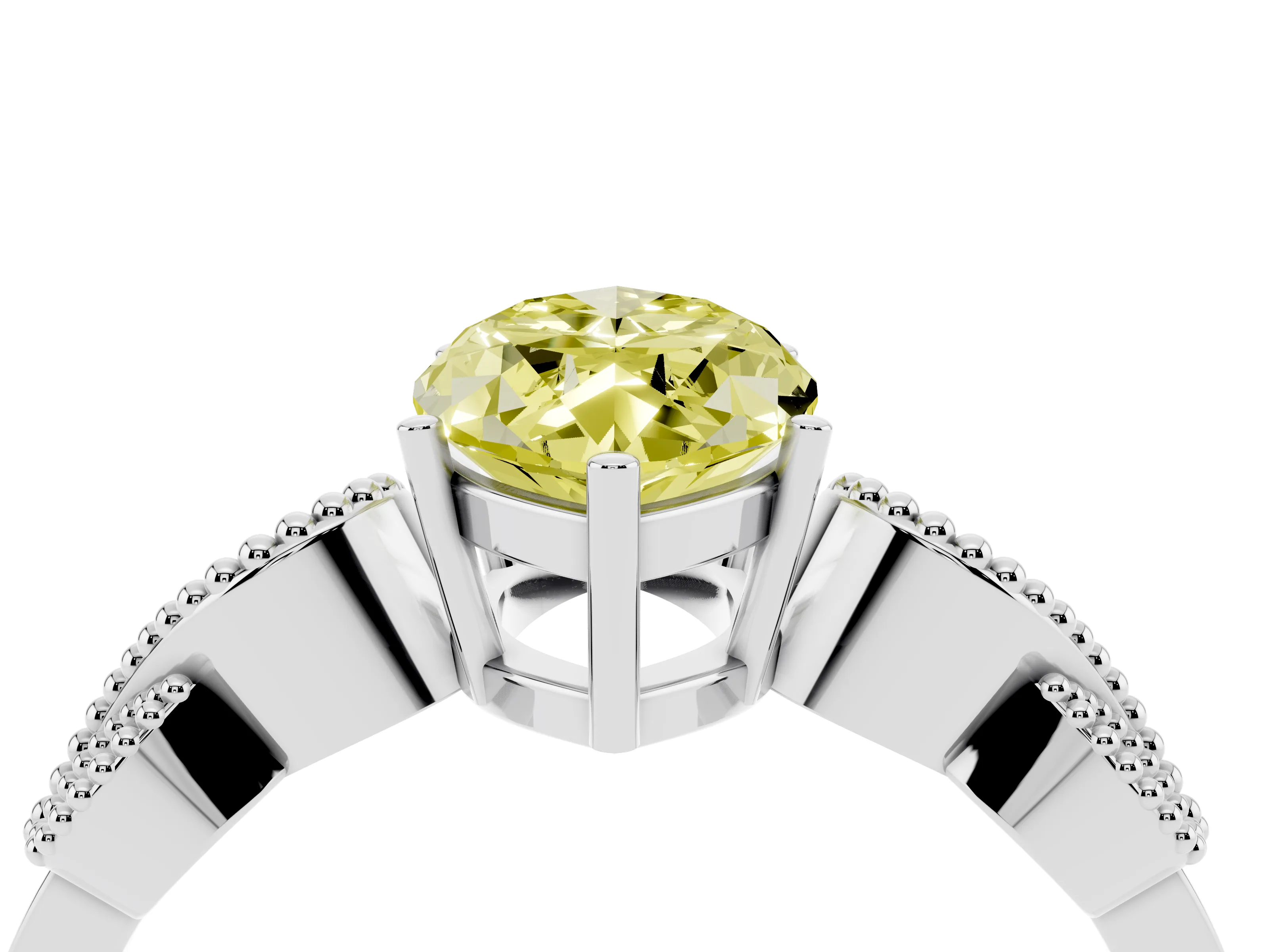 Fancy Yellow Marquise Cut Diamond Milgrain Leaf Band Solitaire Ring Set in White gold with Accent Stones and Prong Setting
