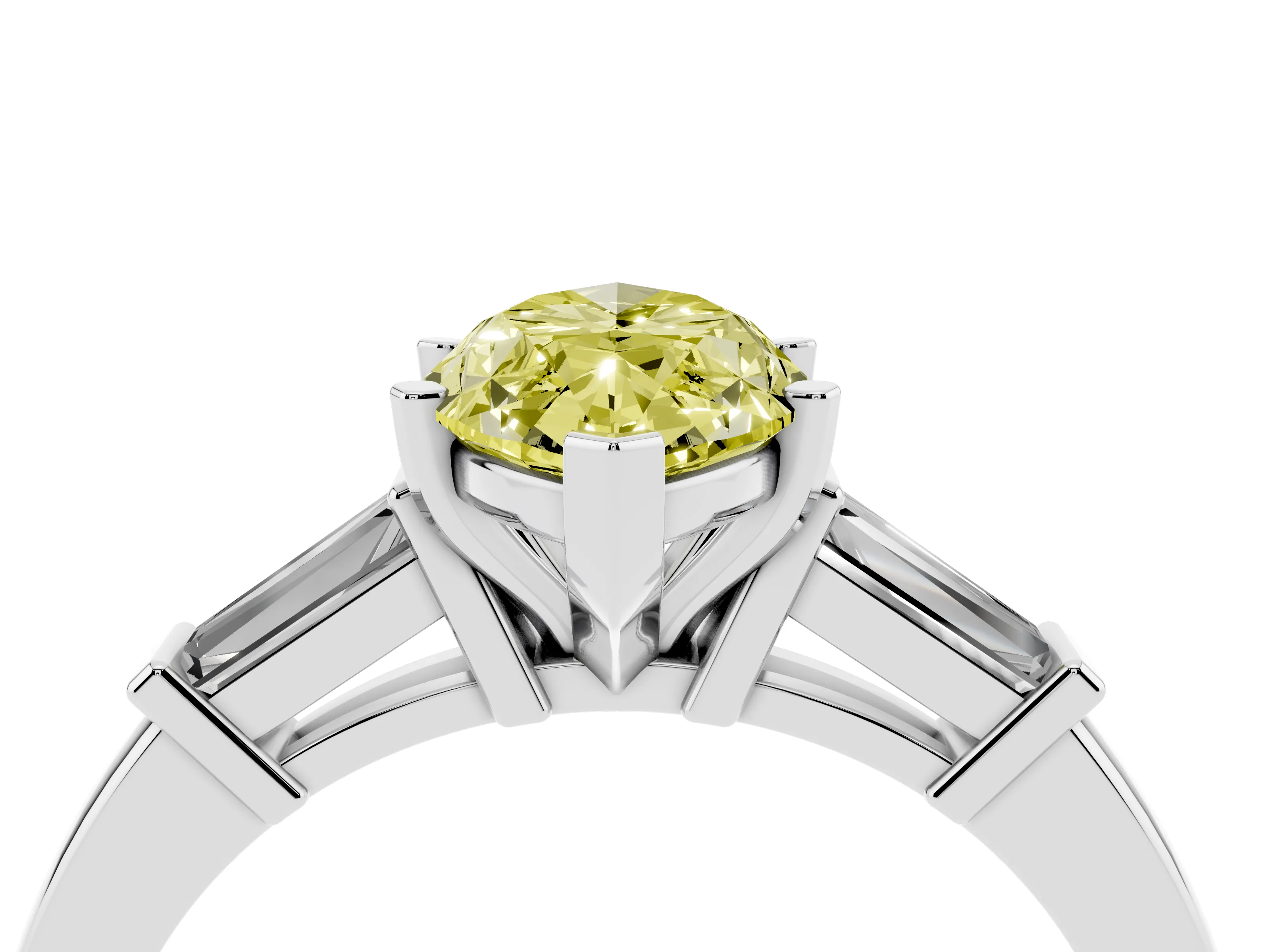 Fancy Yellow Marquise Cut Diamond Solitaire Ring Set in White gold with Tapered Baguette Accents and Prong Setting