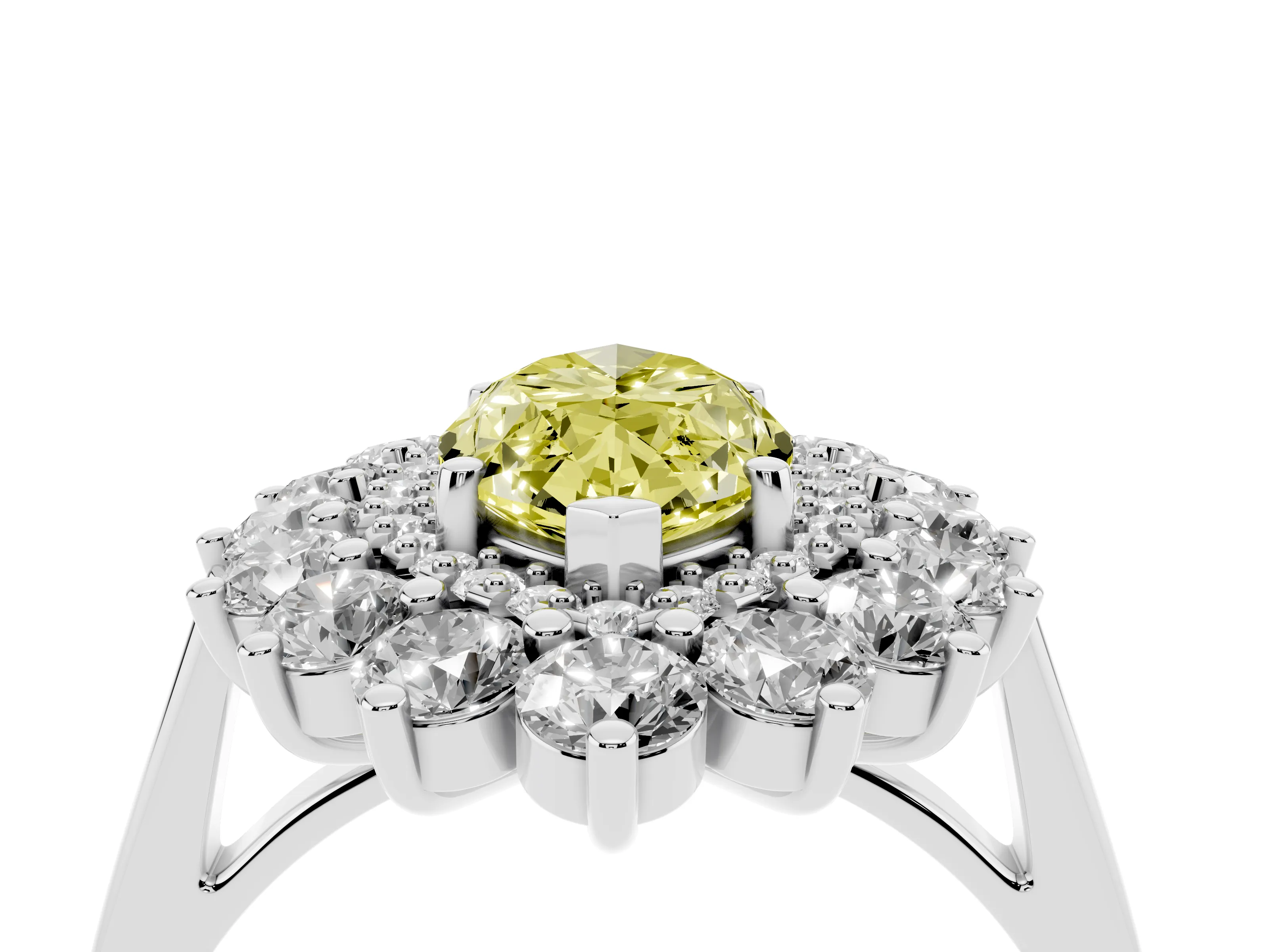 Fancy Yellow Marquise Cut Diamond Floral Double Halo Ring Set in Silver with Round Petals