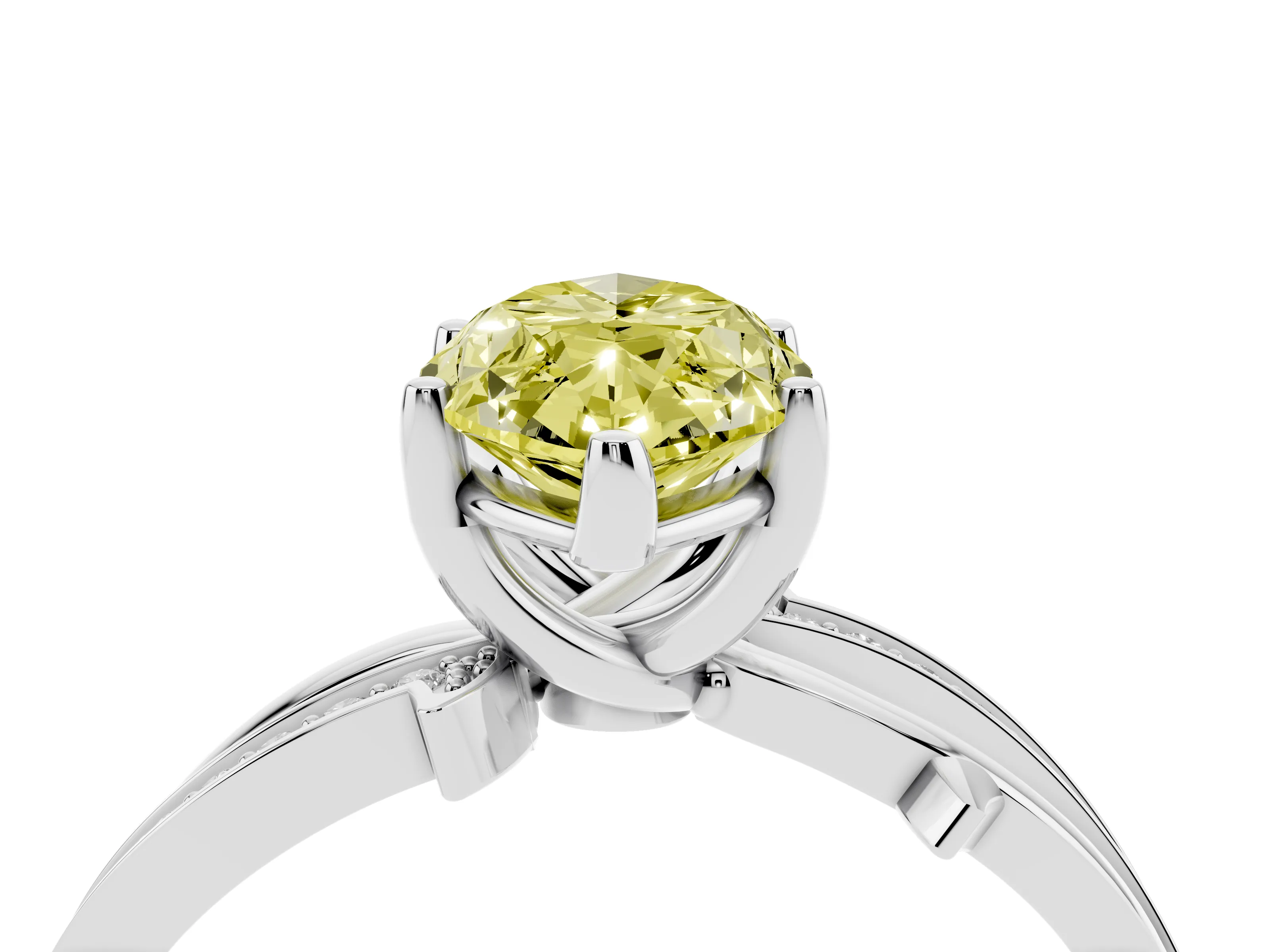 Fancy Yellow Marquise Cut Diamond Pavé Twist Band Solitaire Ring Set in Platinum with Prong Setting