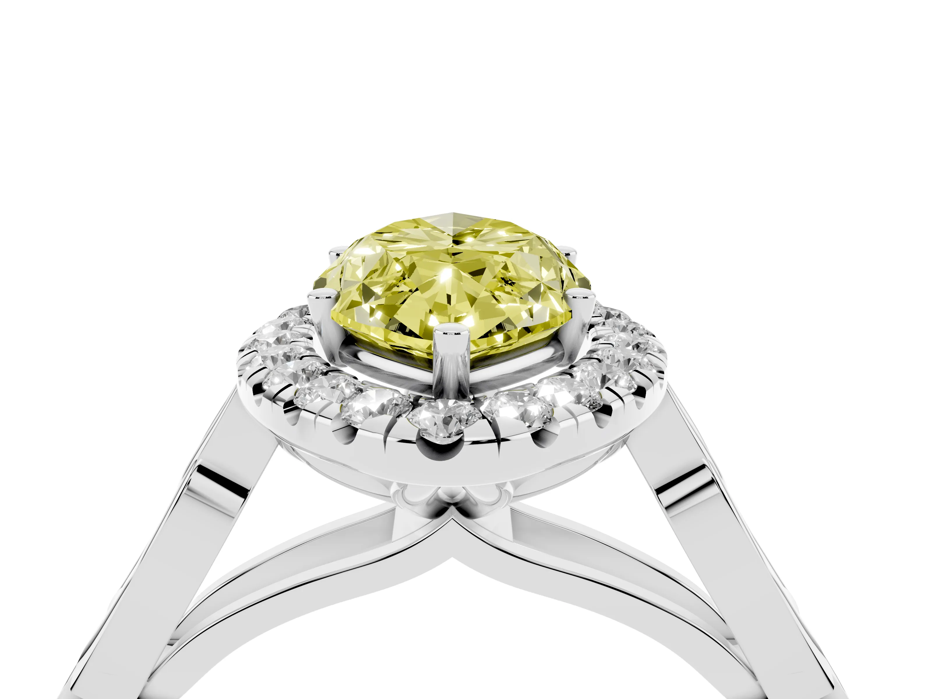 Fancy Yellow Marquise Cut Diamond Halo Engagement Ring Set in White gold with Filigree Band and Prong-Set Center