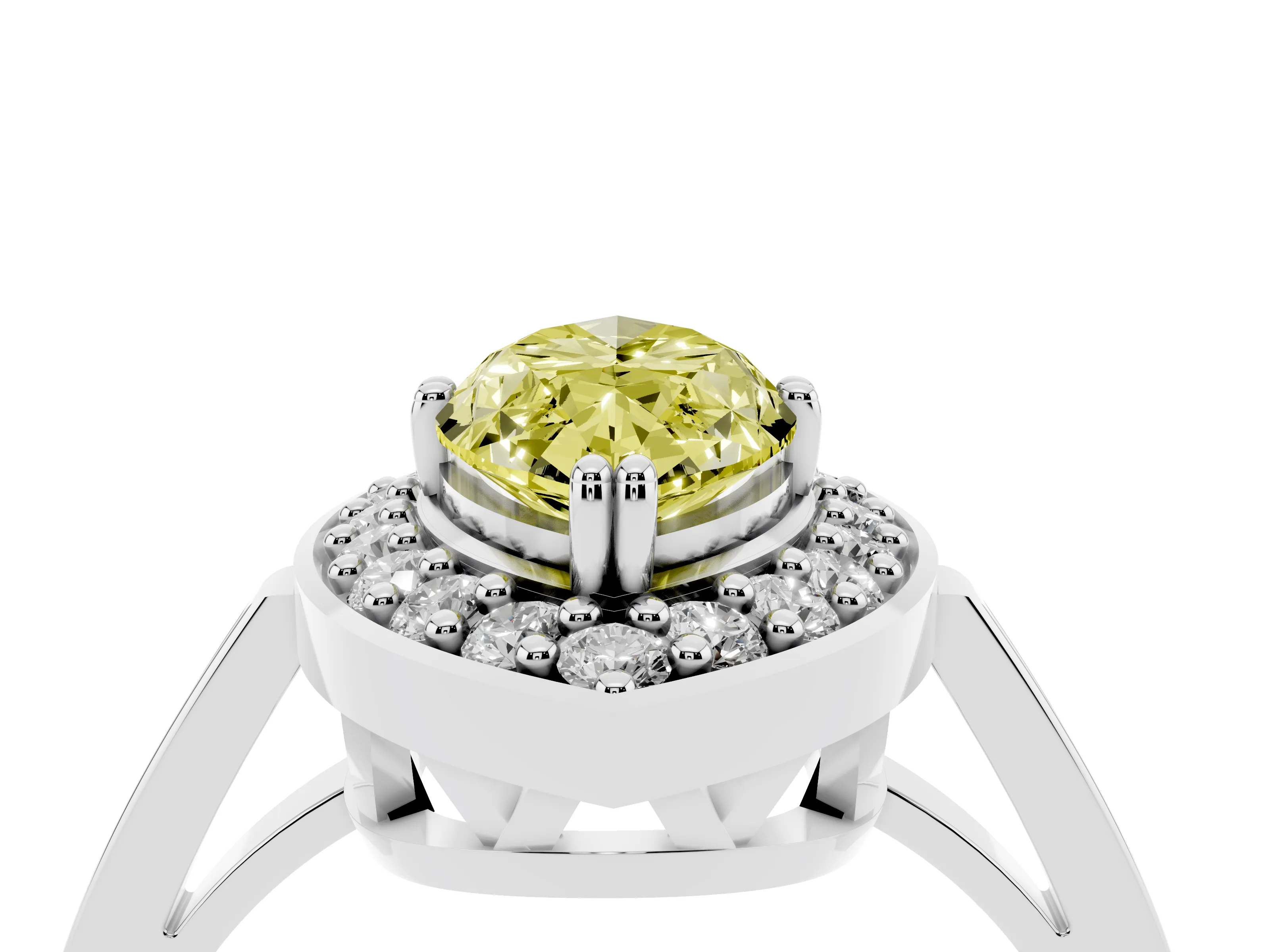 Fancy Yellow Marquise Cut Diamond Halo Ring Set in White gold with Accent-Lined Split Shank and Prong Setting