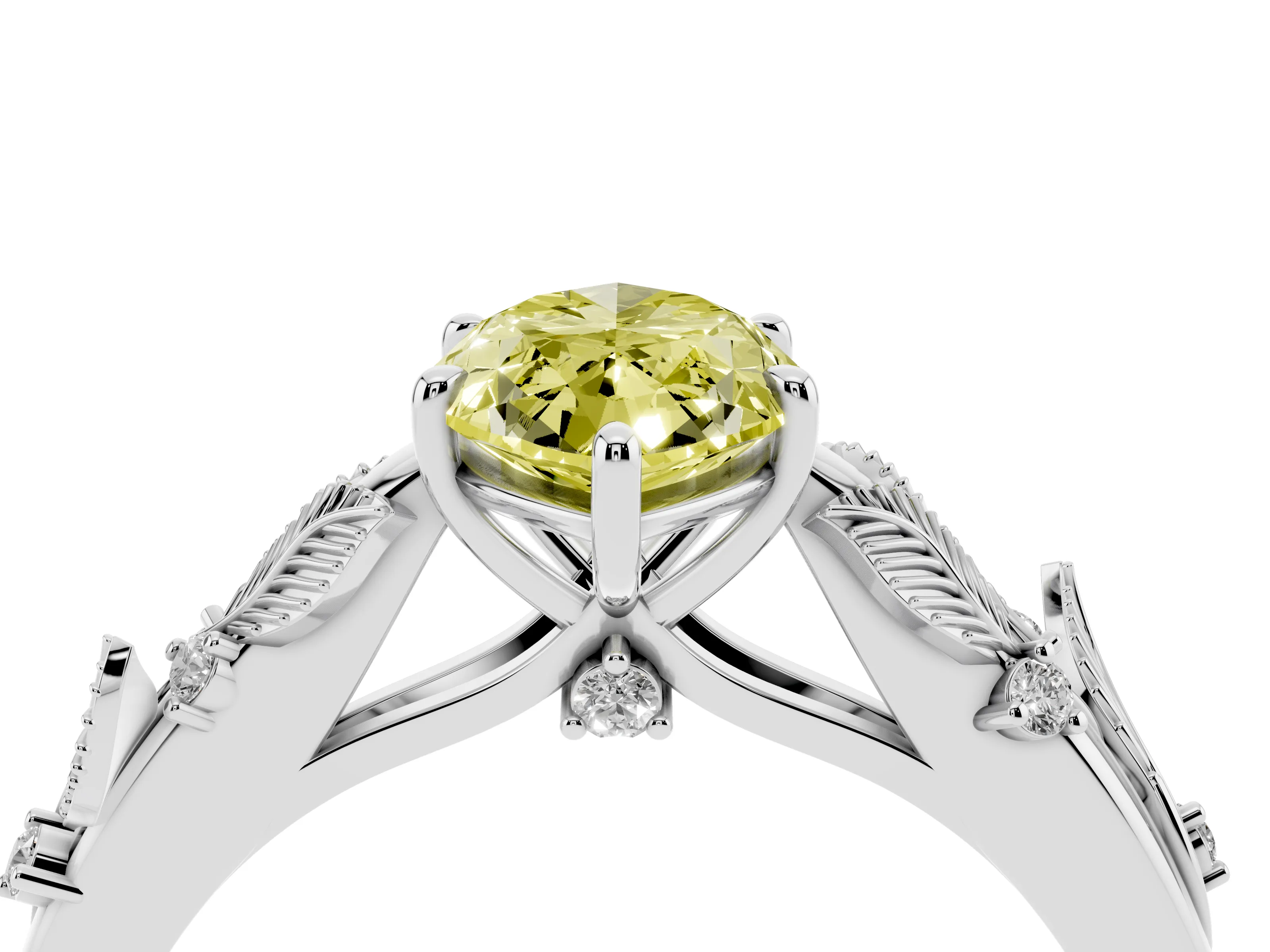 Fancy Yellow Marquise Cut Diamond Solitaire Ring Set in White gold with Leaf Motif Band