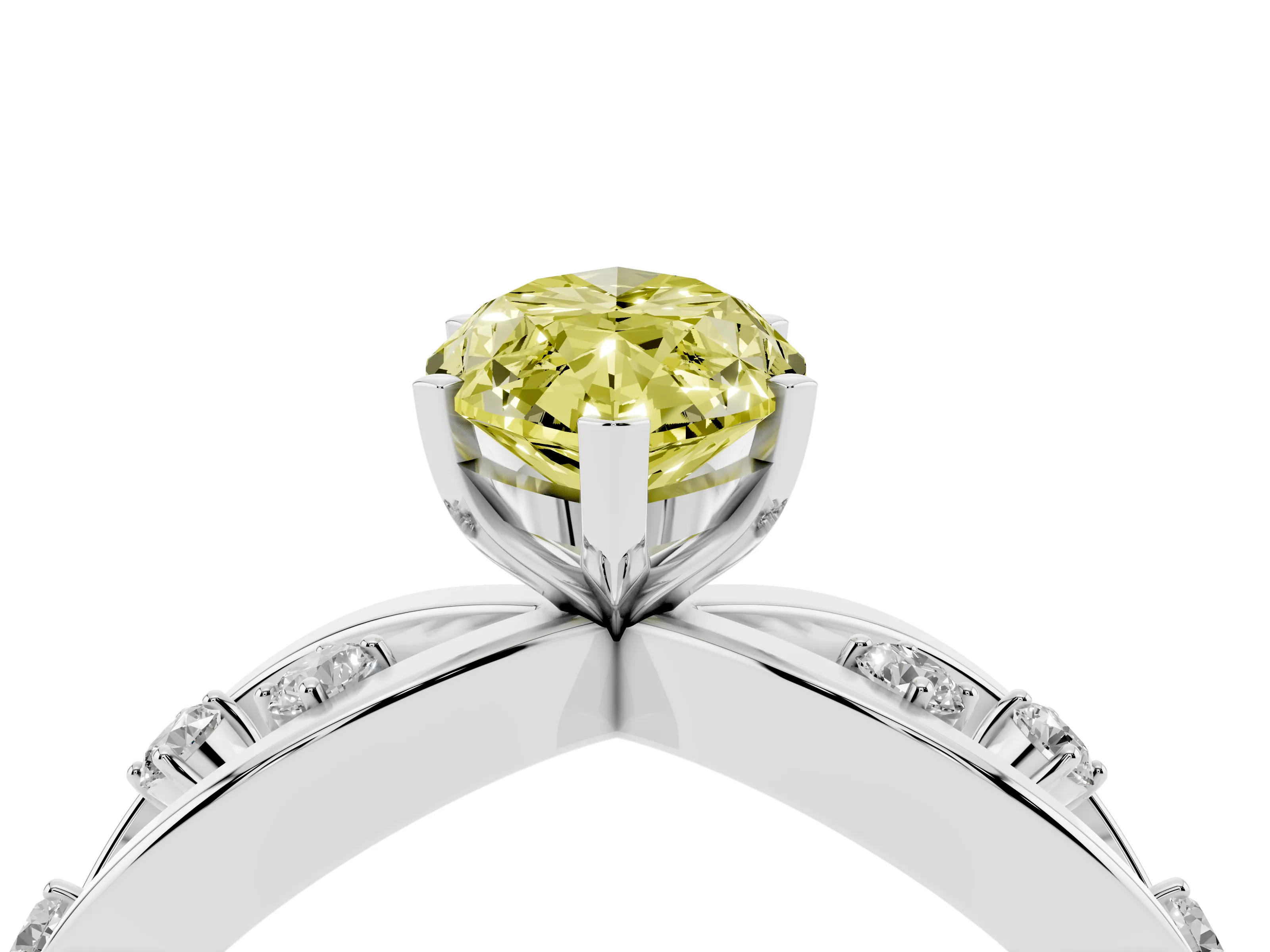 Fancy Yellow Marquise Cut Diamond Solitaire Ring Set in White gold with Side Stones on Criss-Cross Band and Prong Setting