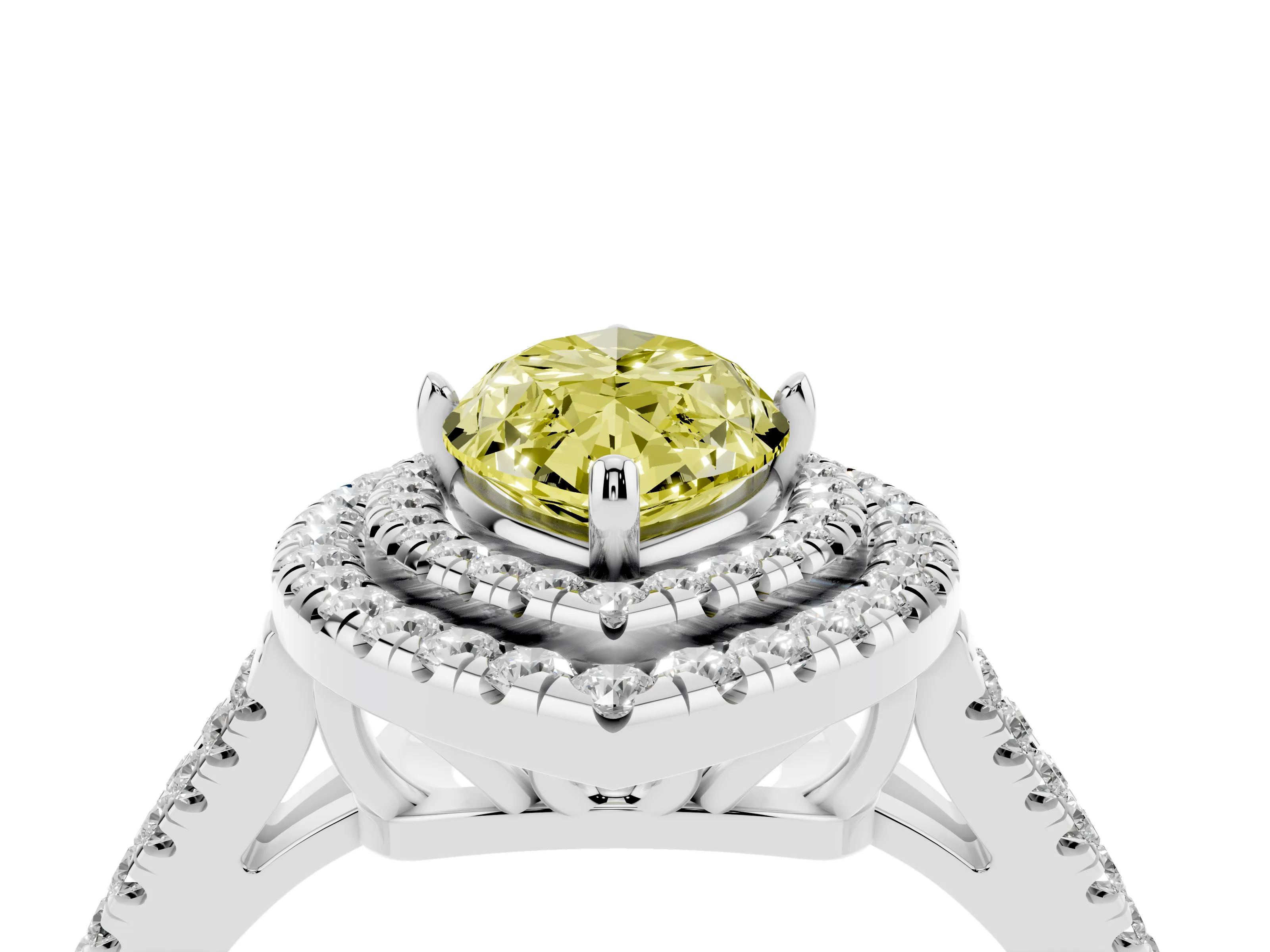 Fancy Yellow Marquise Cut Diamond Double Halo Ring Set in Platinum with Pavé Band