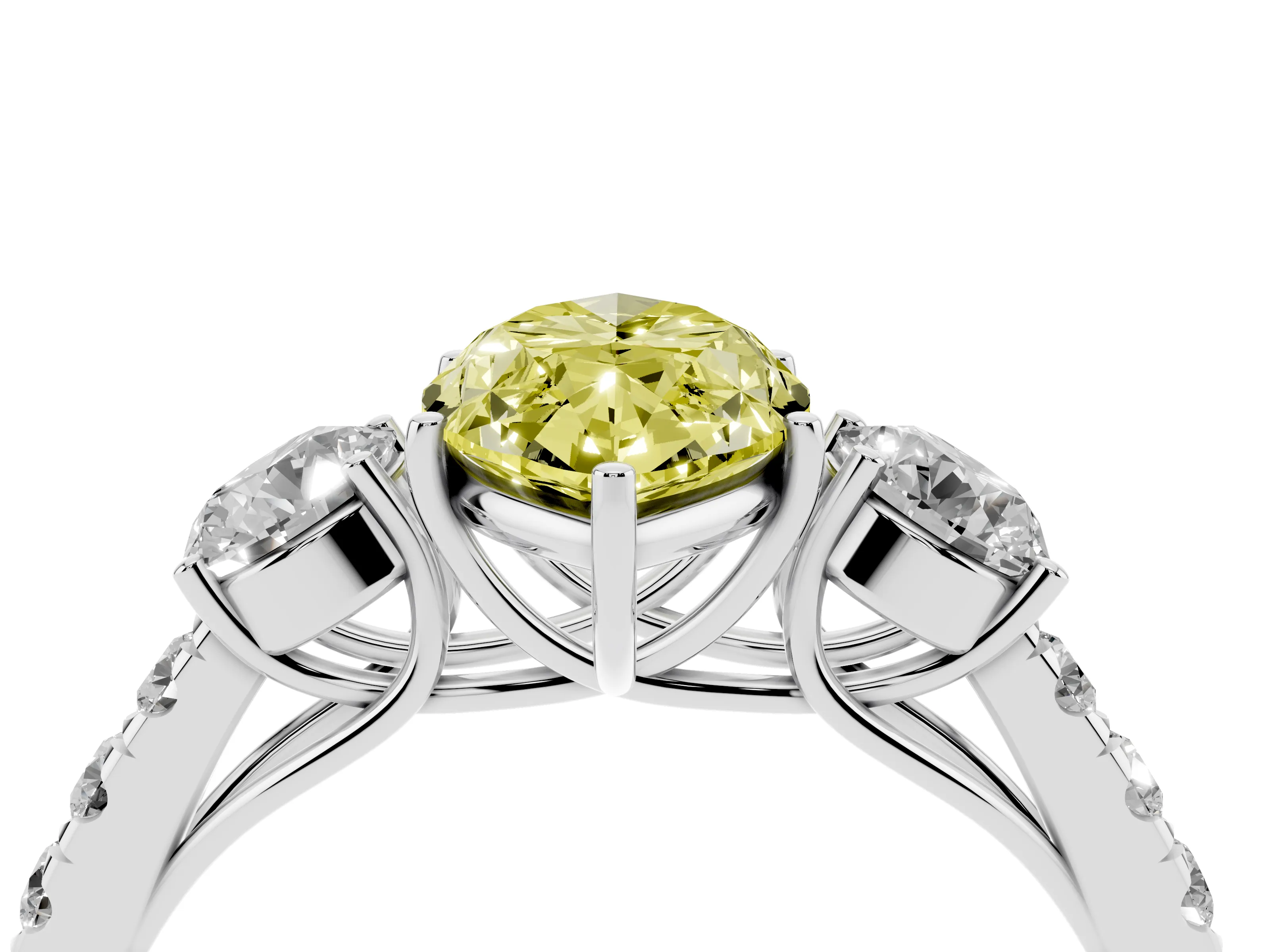 Fancy Yellow Marquise Cut Diamond Three-Stone Ring Set in Silver with Round Side Stones and Delicate Pavé Band