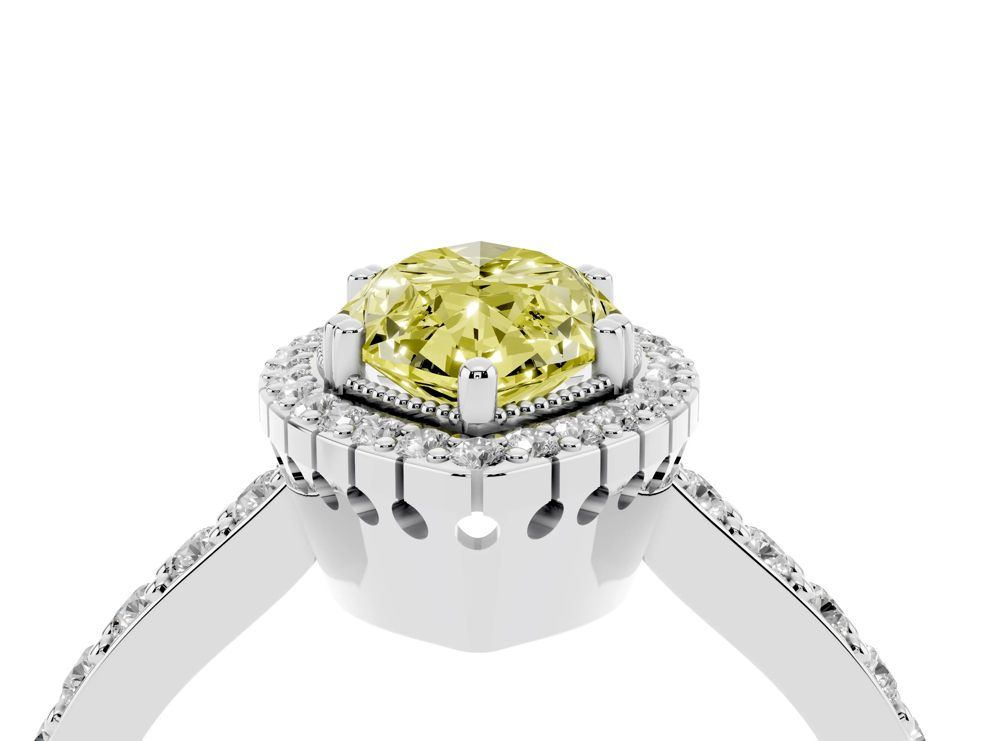 Fancy Yellow Marquise Cut Diamond Halo Engagement Ring Set in White gold with Milgrain Detail and Pavé Band