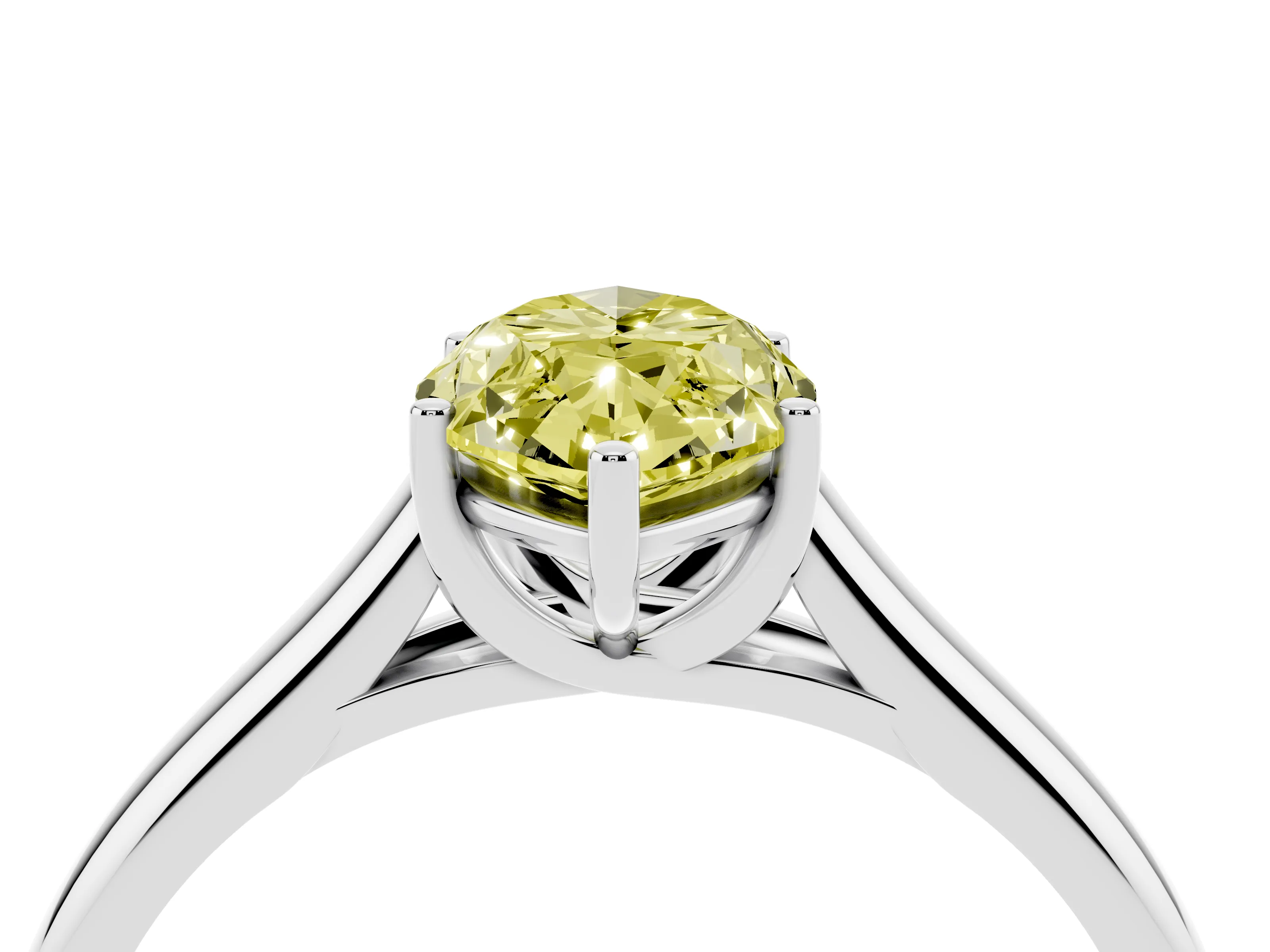 Fancy Yellow Marquise Cut Diamond Solitaire Engagement Ring Set in White gold with Subtly Tapered Band and Prong Setting