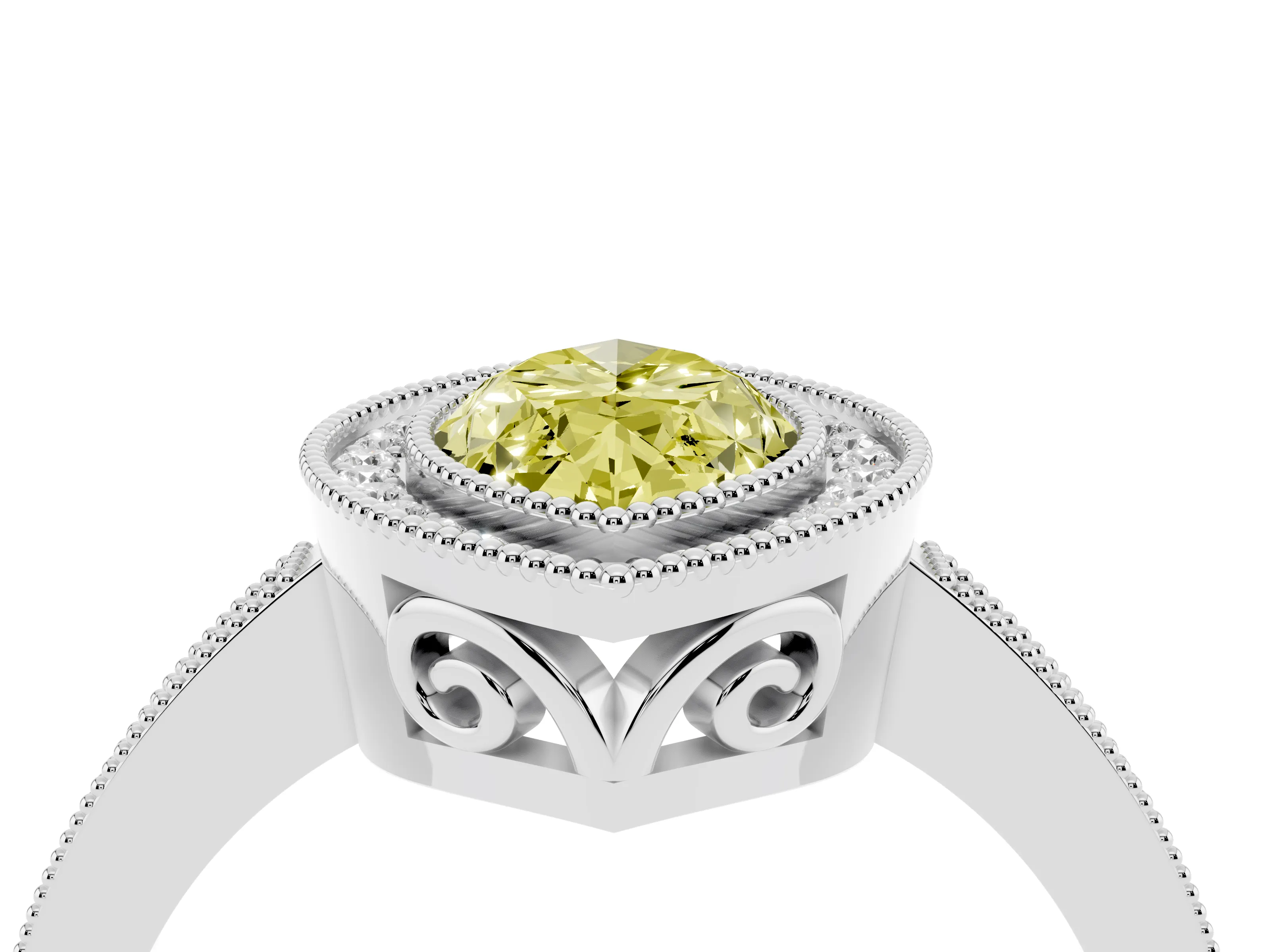 Fancy Yellow Marquise Cut Diamond Halo Ring Set in White gold with Pavé Band and Milgrain-Edged Prongs