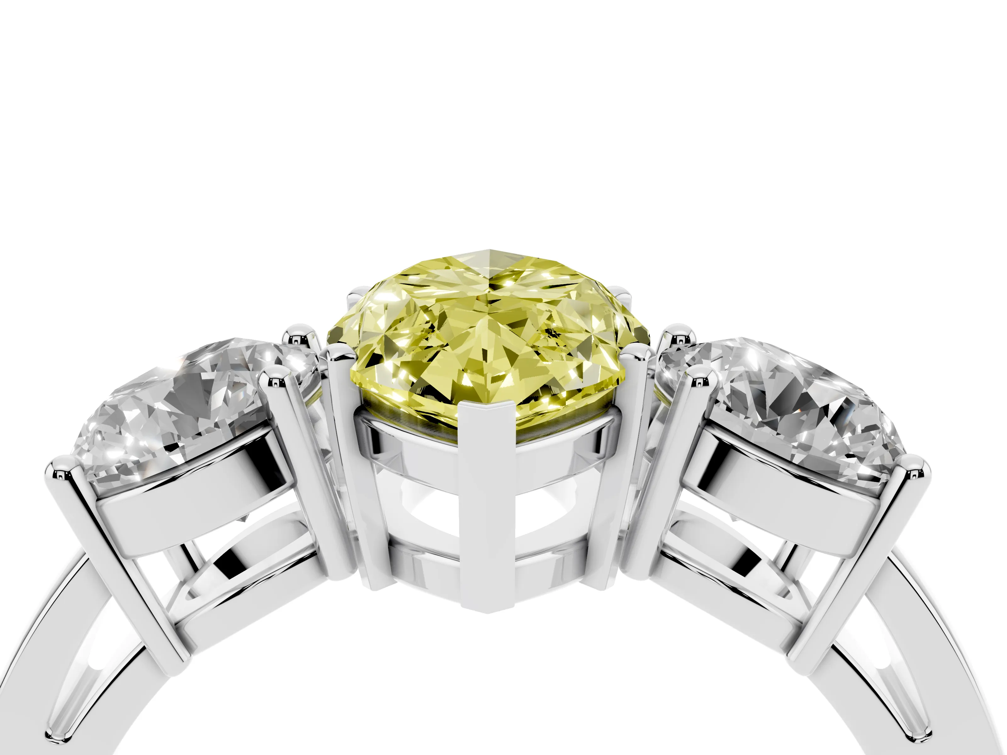 Fancy Yellow Marquise Cut Diamond Three-Stone Ring Set in Platinum with Round Side Stones and Classic Band